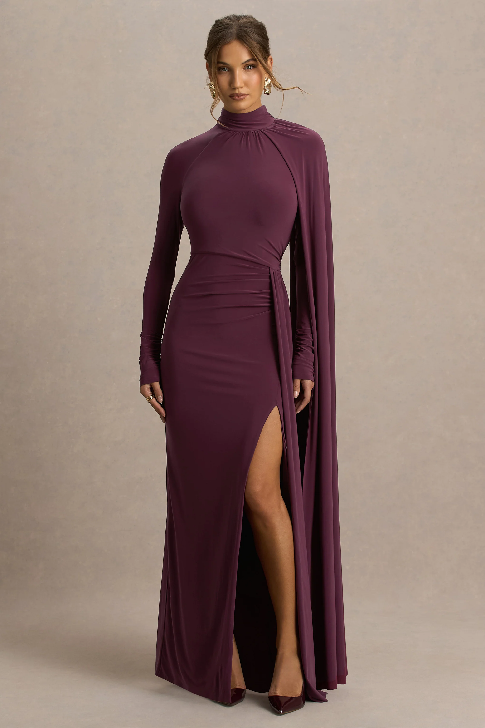 Anticipation | Bordeaux Hoge Hals Maxi Jurk Met Voorsplit En Gerimpeld Details - Image 4