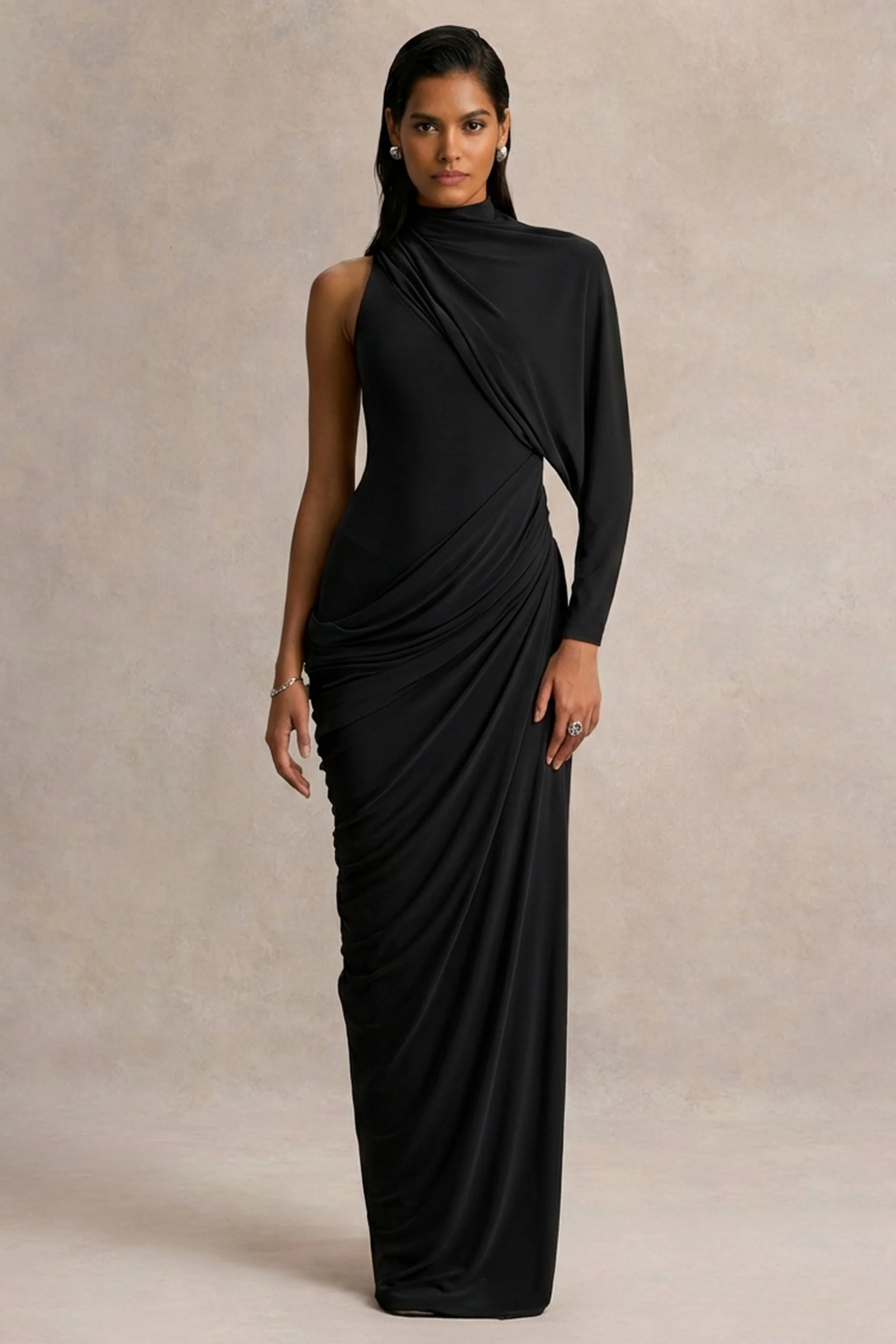 Aphra | Zwarte Hoge Hals Maxi Jurk Met Cape Mouwen
