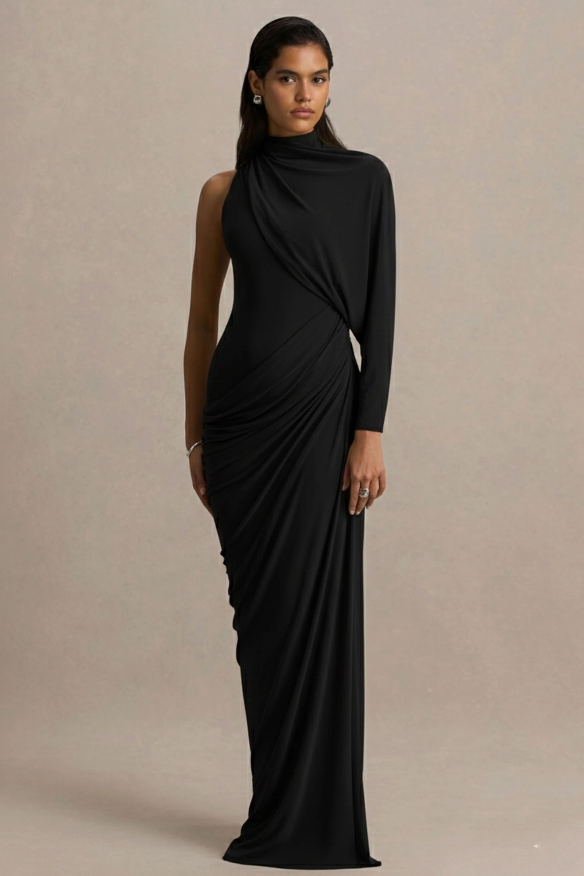 Aphra | Zwarte Hoge Hals Maxi Jurk Met Cape Mouwen - Image 4