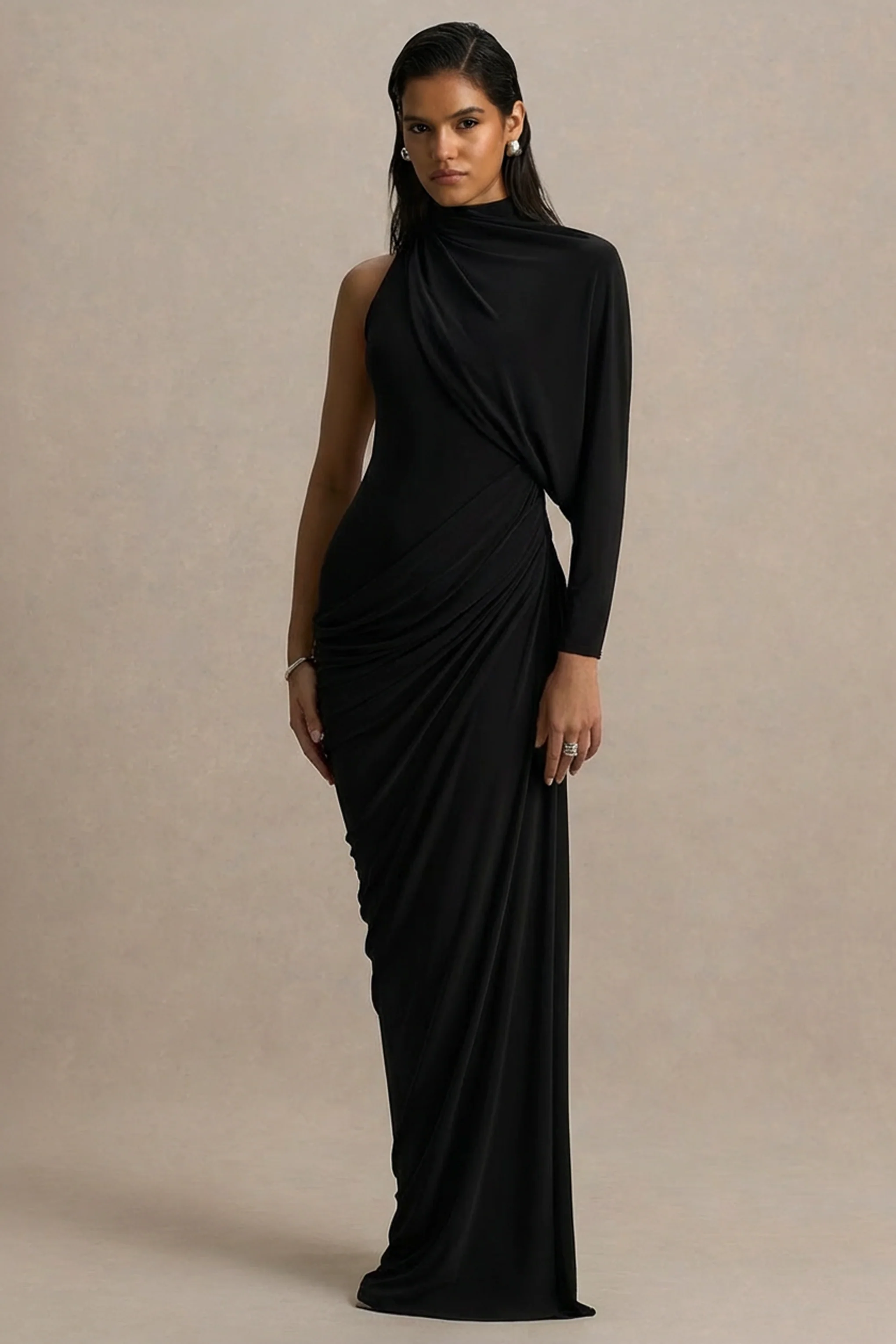 Aphra | Zwarte Hoge Hals Maxi Jurk Met Cape Mouwen - Image 5