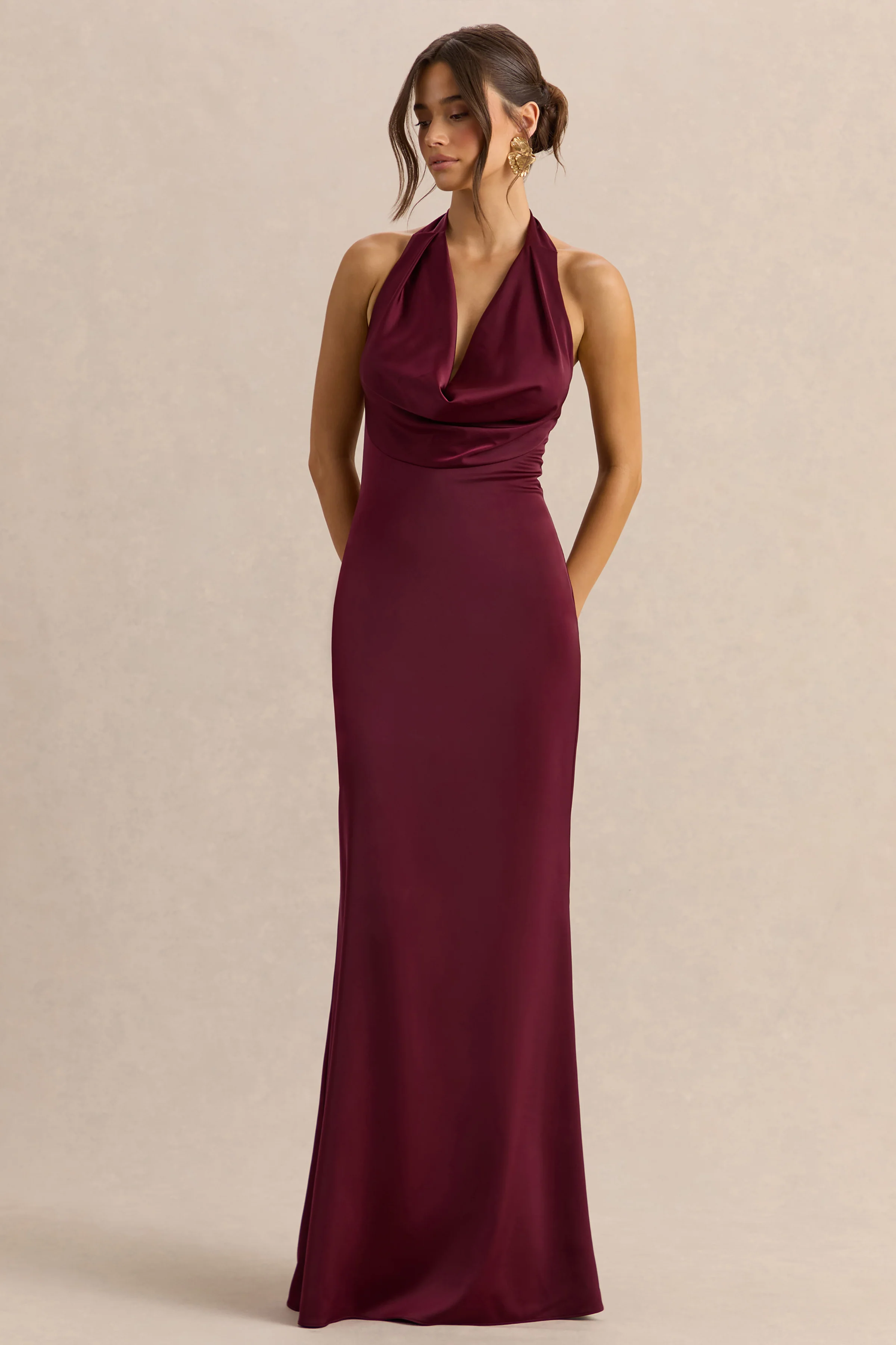 Aralisse | Bordeaux Satijnen Maxi Jurk Met Draperende Hals