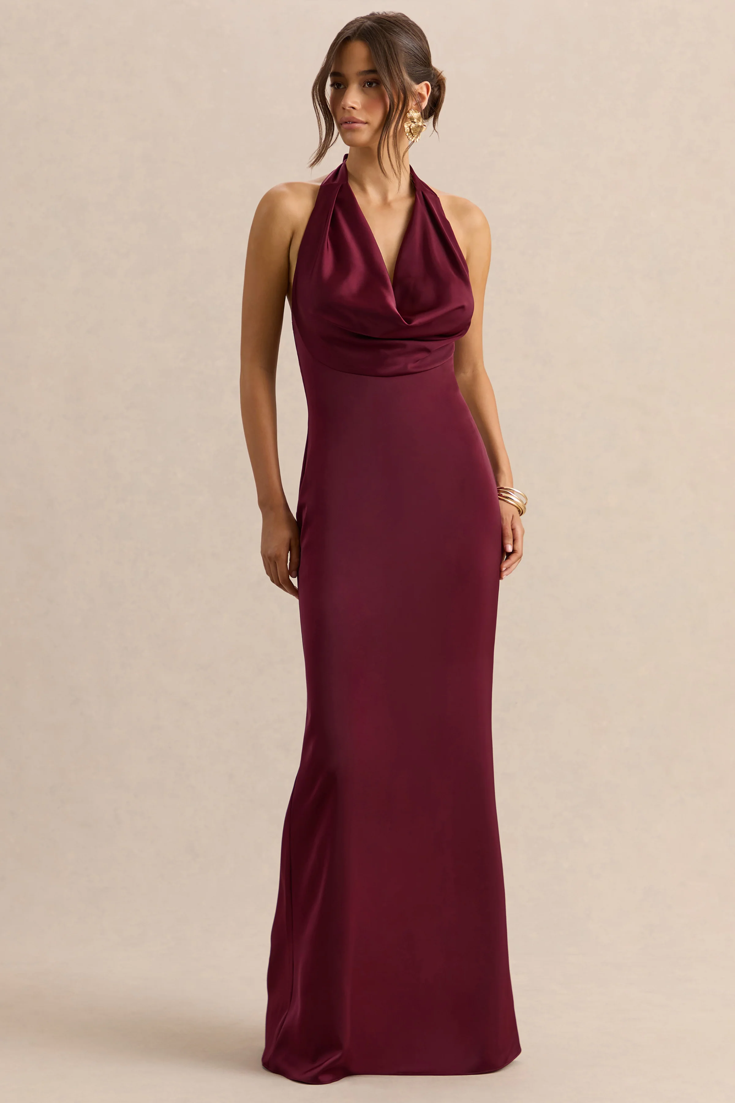 Aralisse | Bordeaux Satijnen Maxi Jurk Met Draperende Hals - Image 4