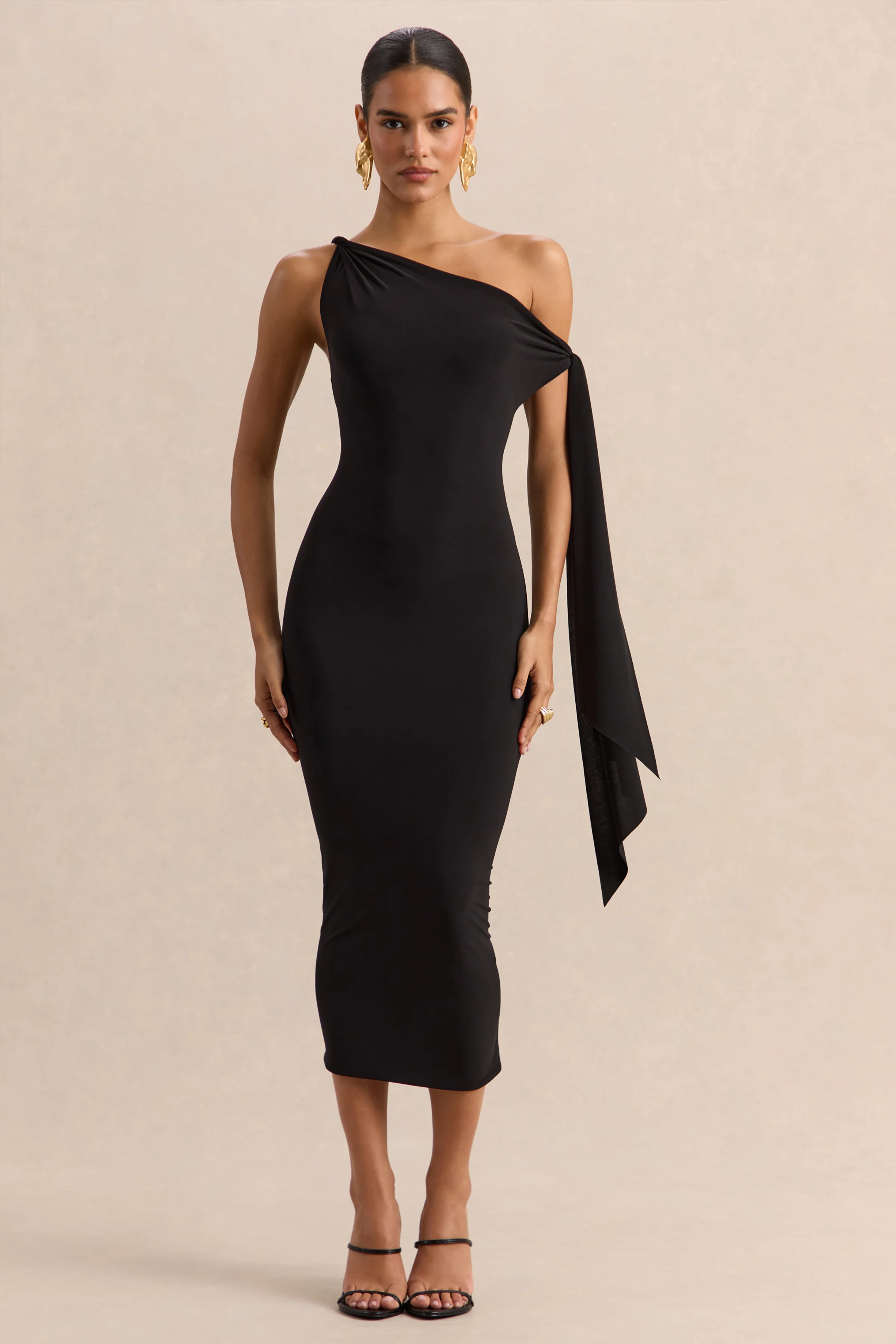 Arcelia | Zwart Asymmetrische Hals Midi Jurk Met Mouw Detail