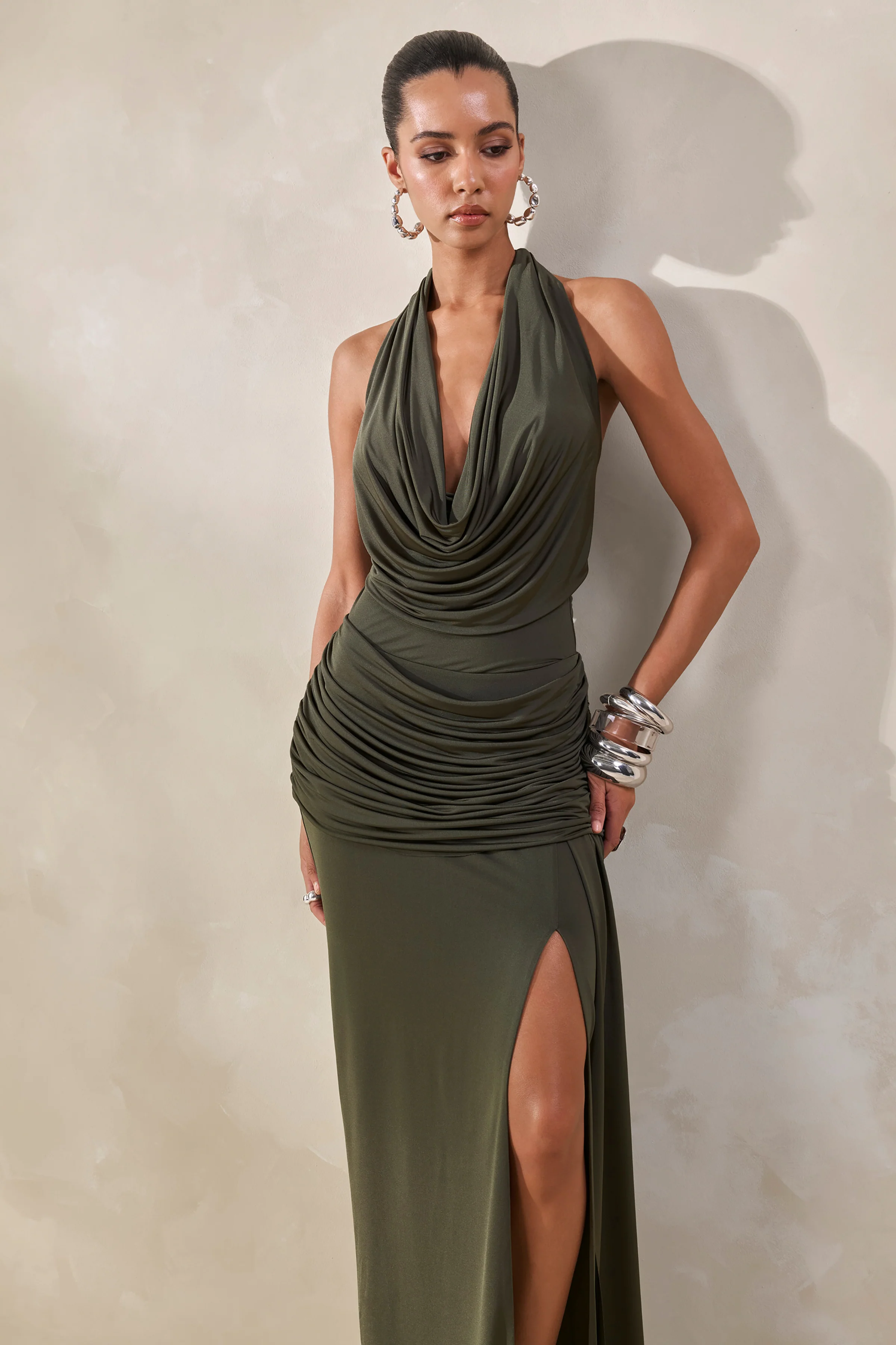 Ariadne | Kaki Draperende Maxi Rok Met Split - Image 6
