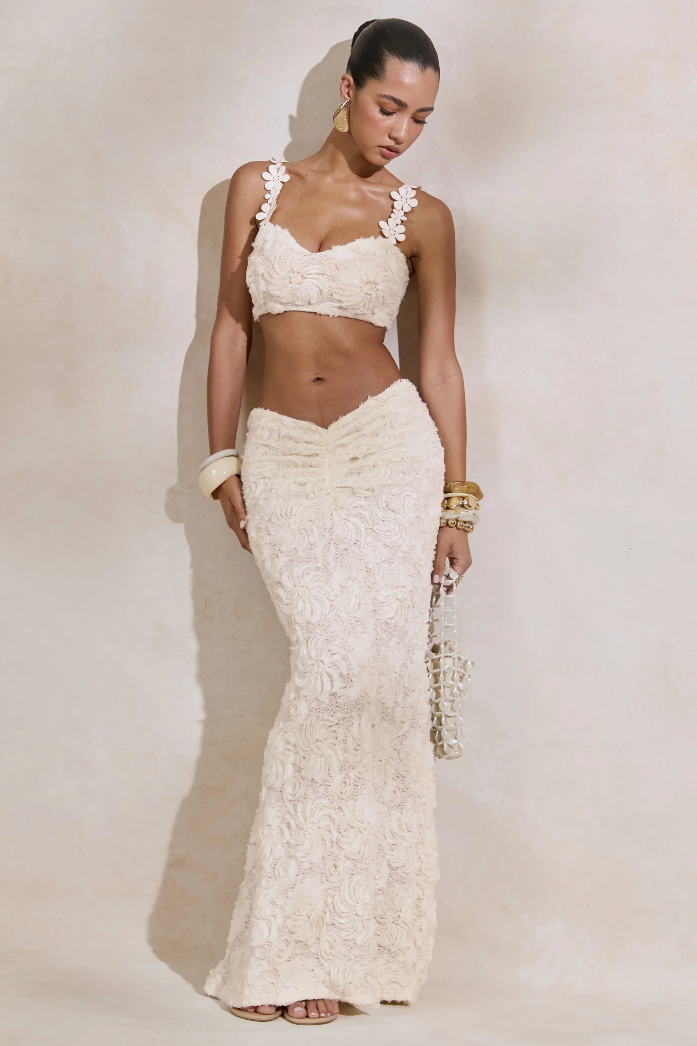Arlina | Witte Kanten Maxi Rok Met Gerimpelde Details - Image 10