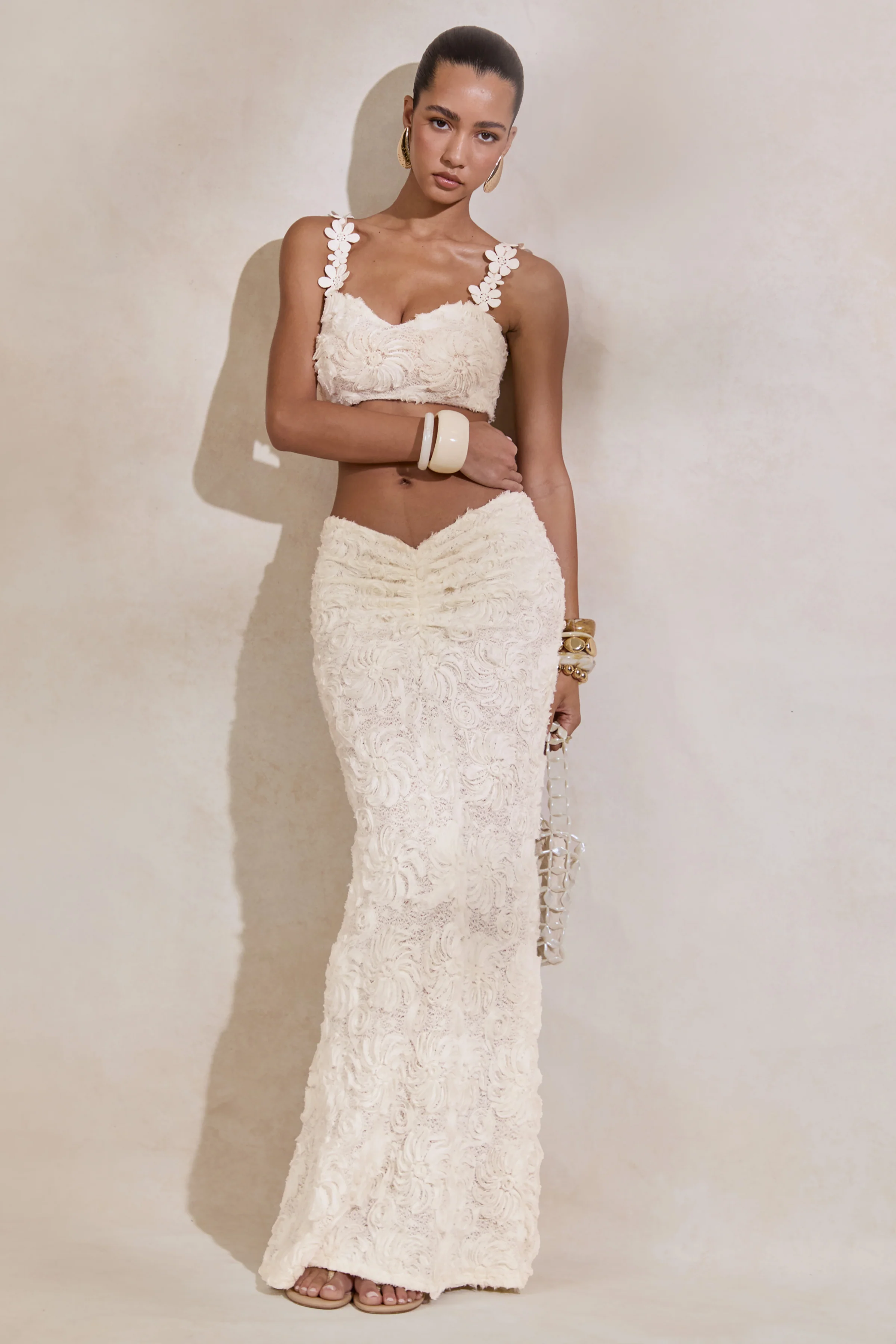 Arlina | Witte Kanten Maxi Rok Met Gerimpelde Details - Image 12