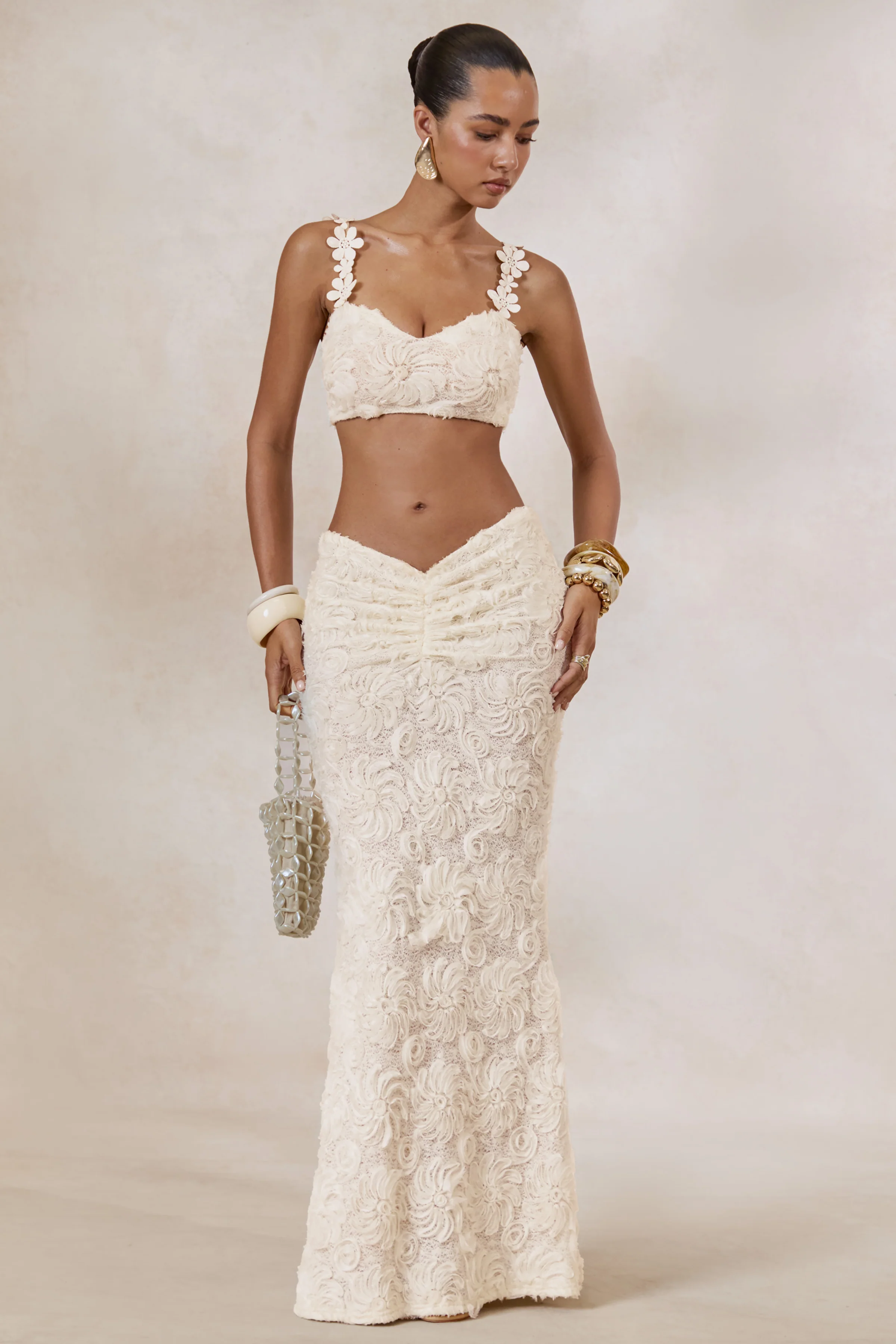 Arlina | Witte Kanten Maxi Rok Met Gerimpelde Details - Image 2