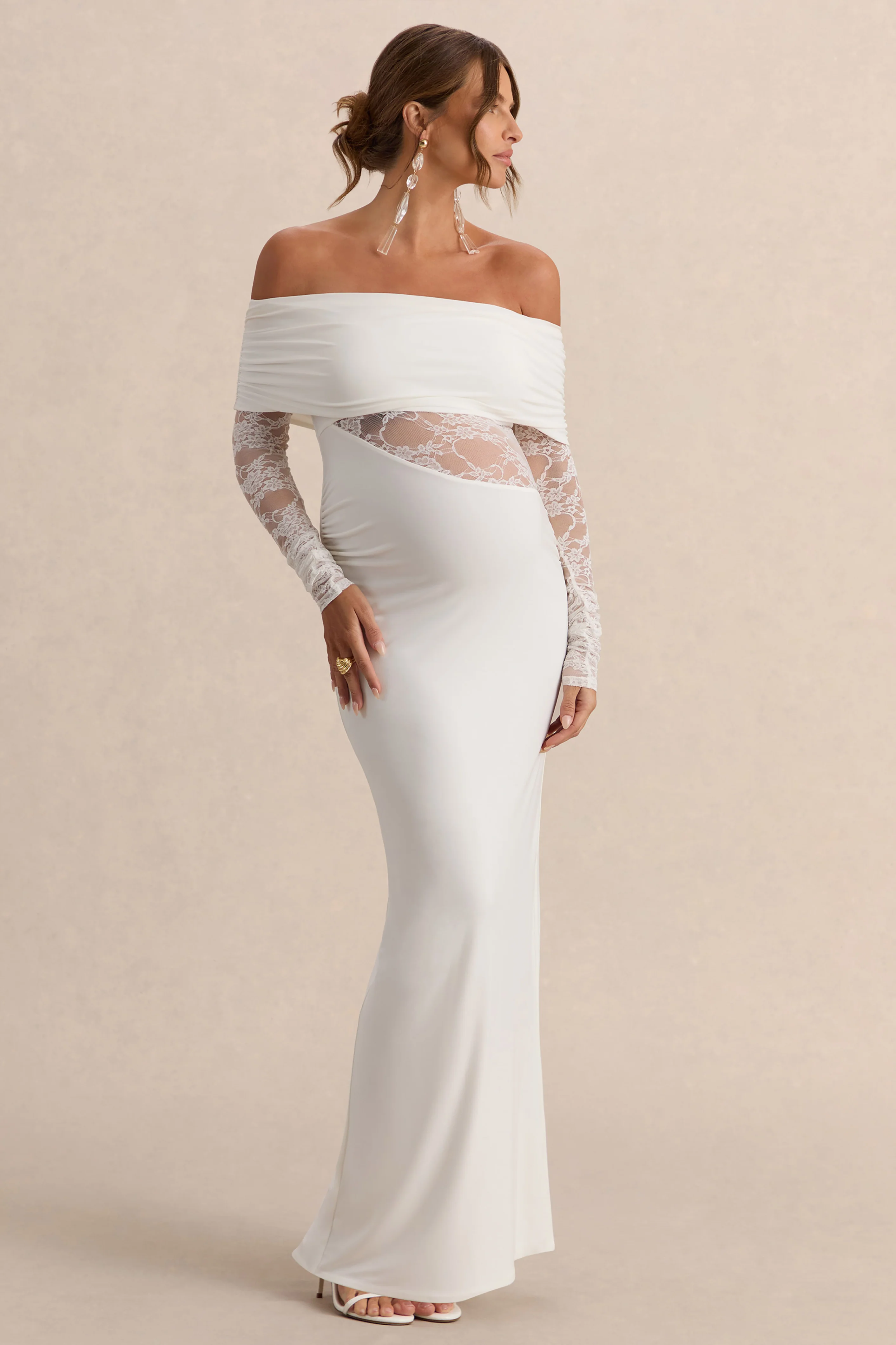 Artemisia | Witte Bardot Hals Zwangerschaps Maxi Jurk Met Kanten Details