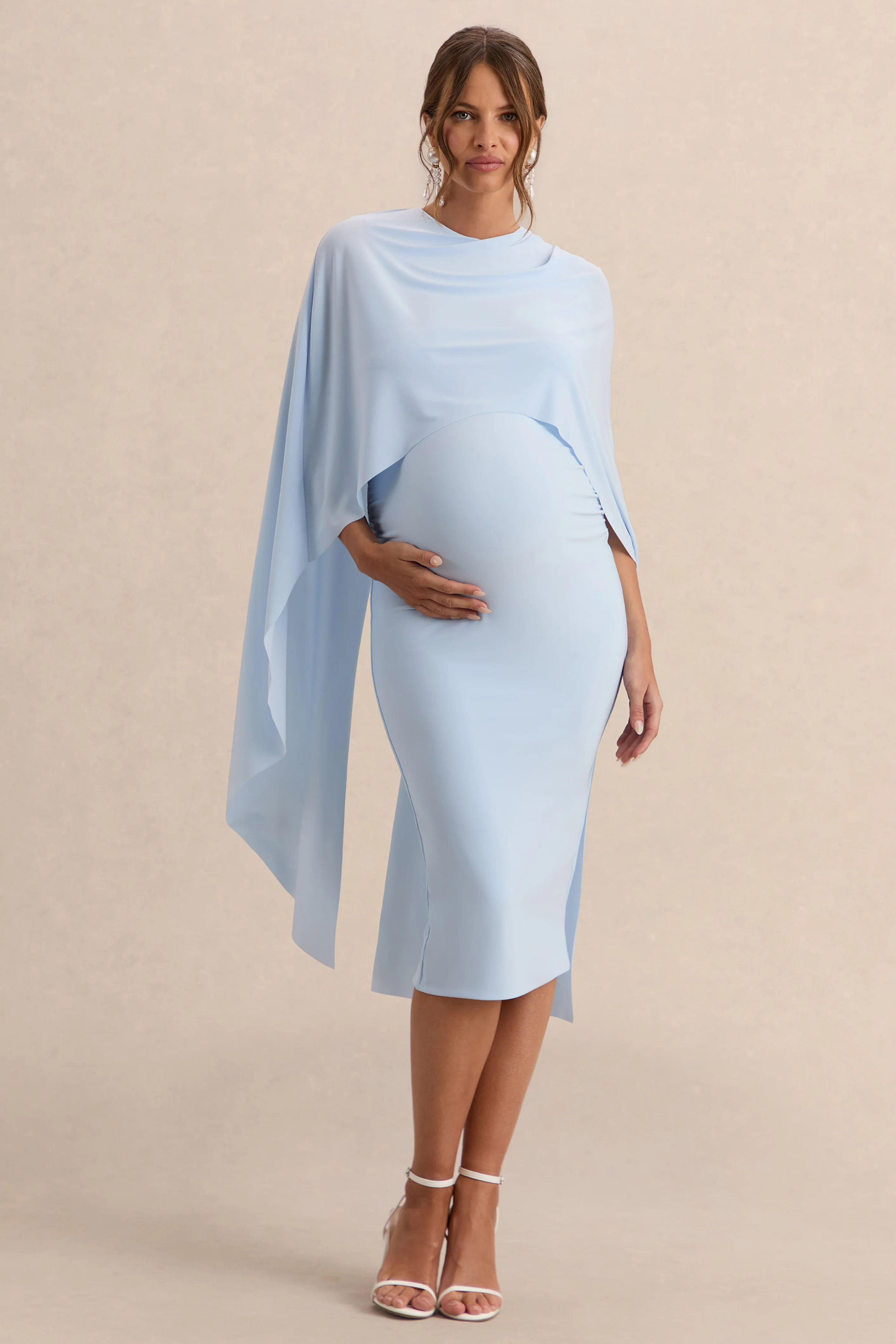 Arwen | Poederblauwe Ronde Hals Zwangerschaps Midi Jurk Met Cape Detail - Image 4