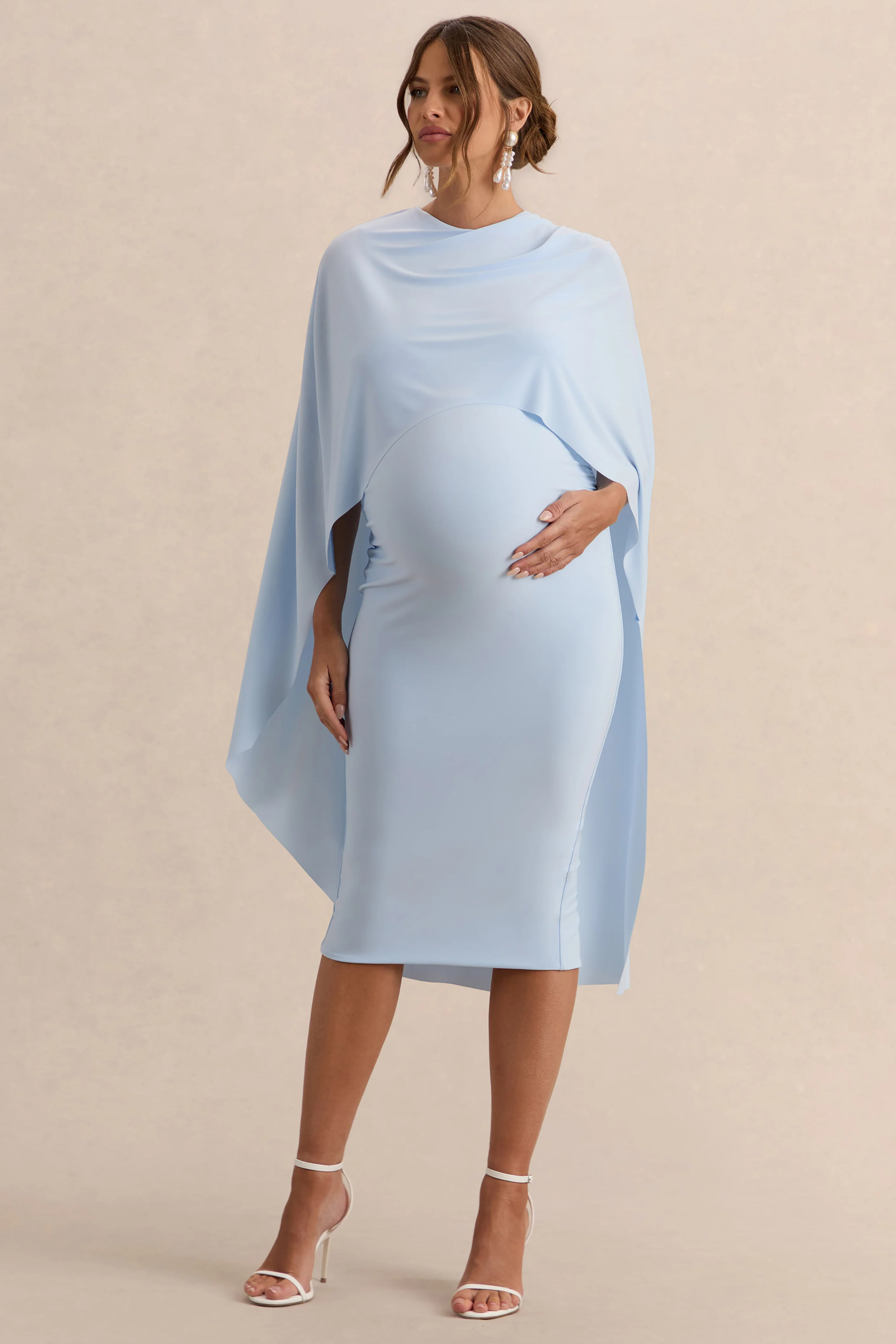 Arwen | Poederblauwe Ronde Hals Zwangerschaps Midi Jurk Met Cape Detail - Image 5