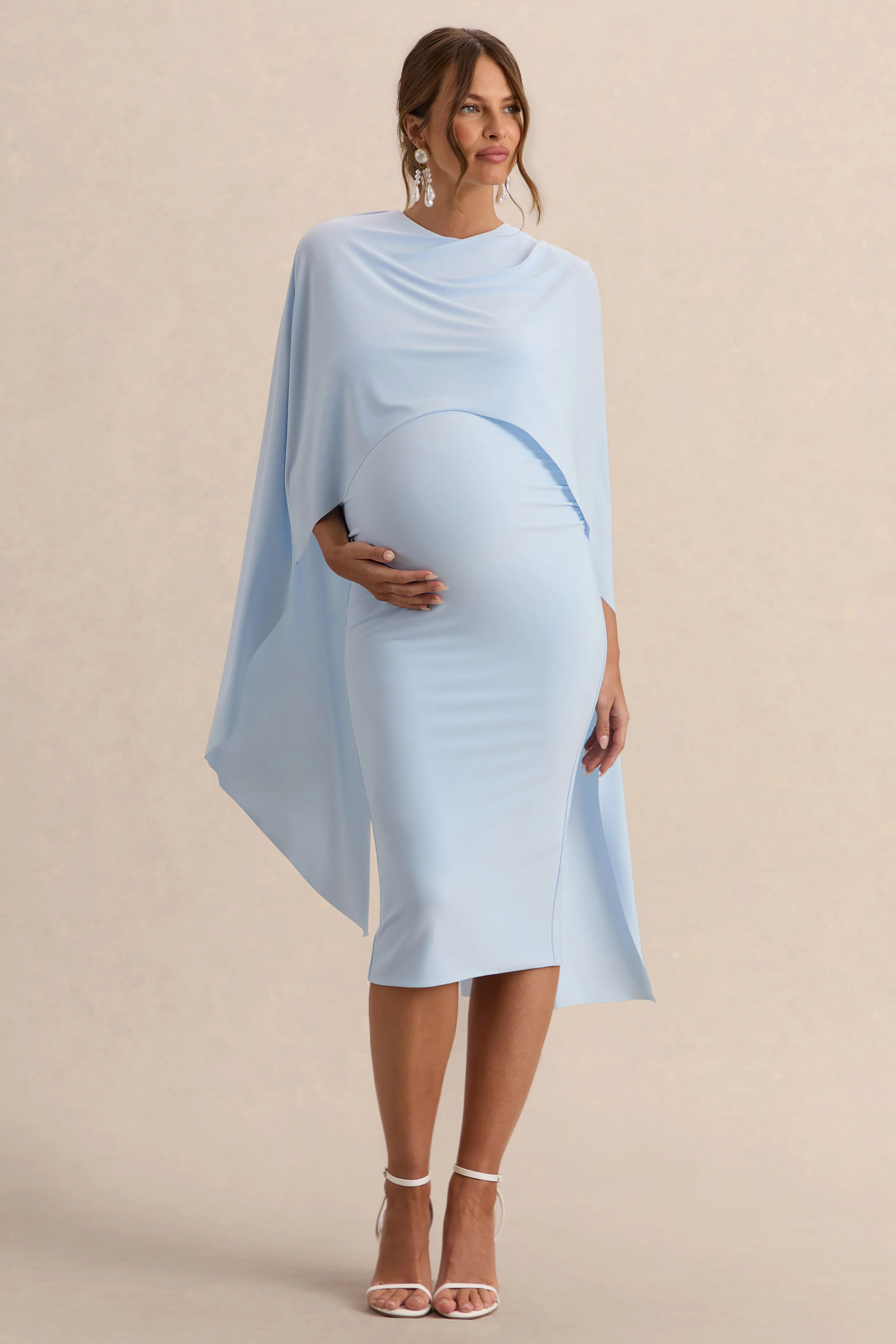 Arwen | Poederblauwe Ronde Hals Zwangerschaps Midi Jurk Met Cape Detail - Image 6