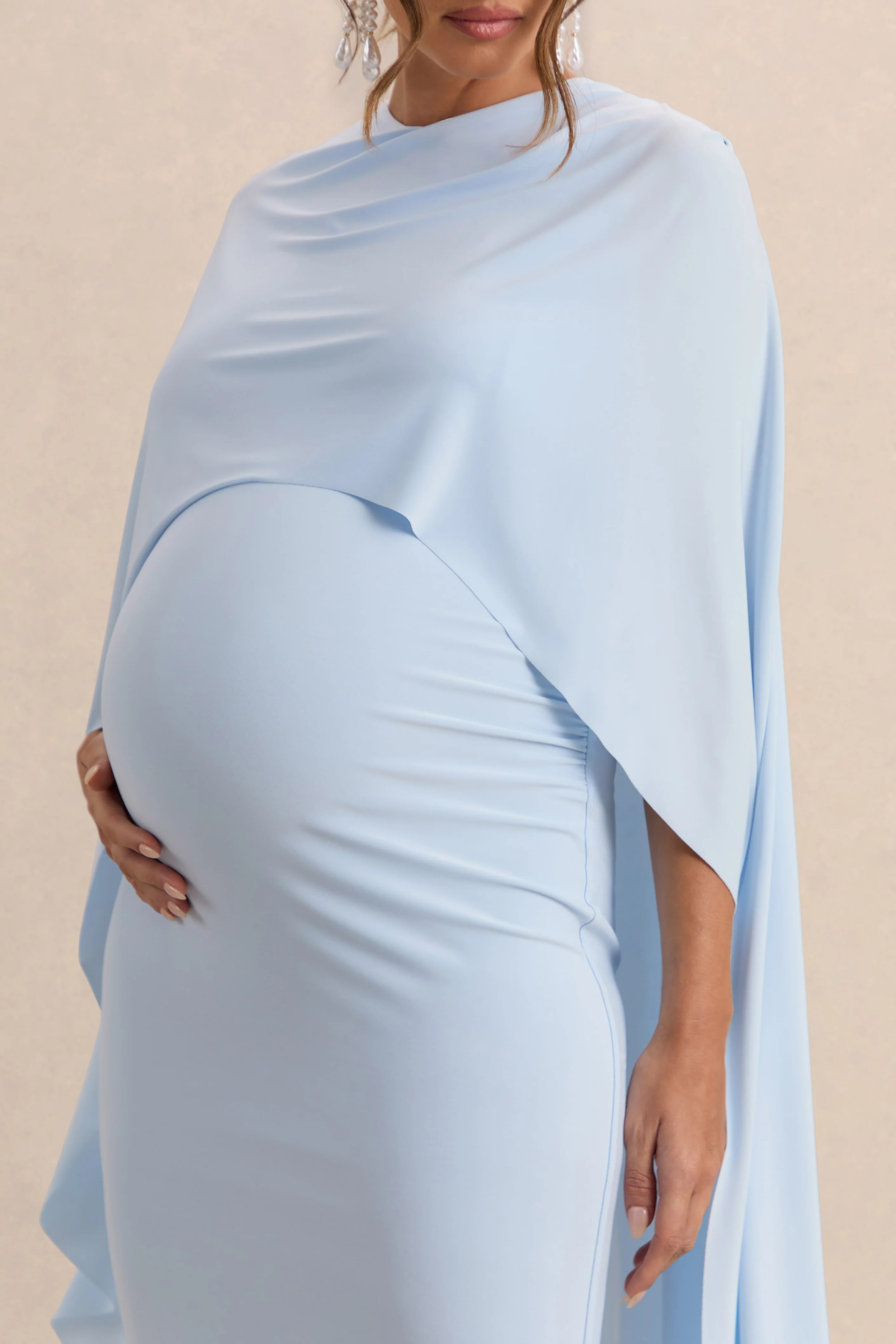 Arwen | Poederblauwe Ronde Hals Zwangerschaps Midi Jurk Met Cape Detail - Image 7