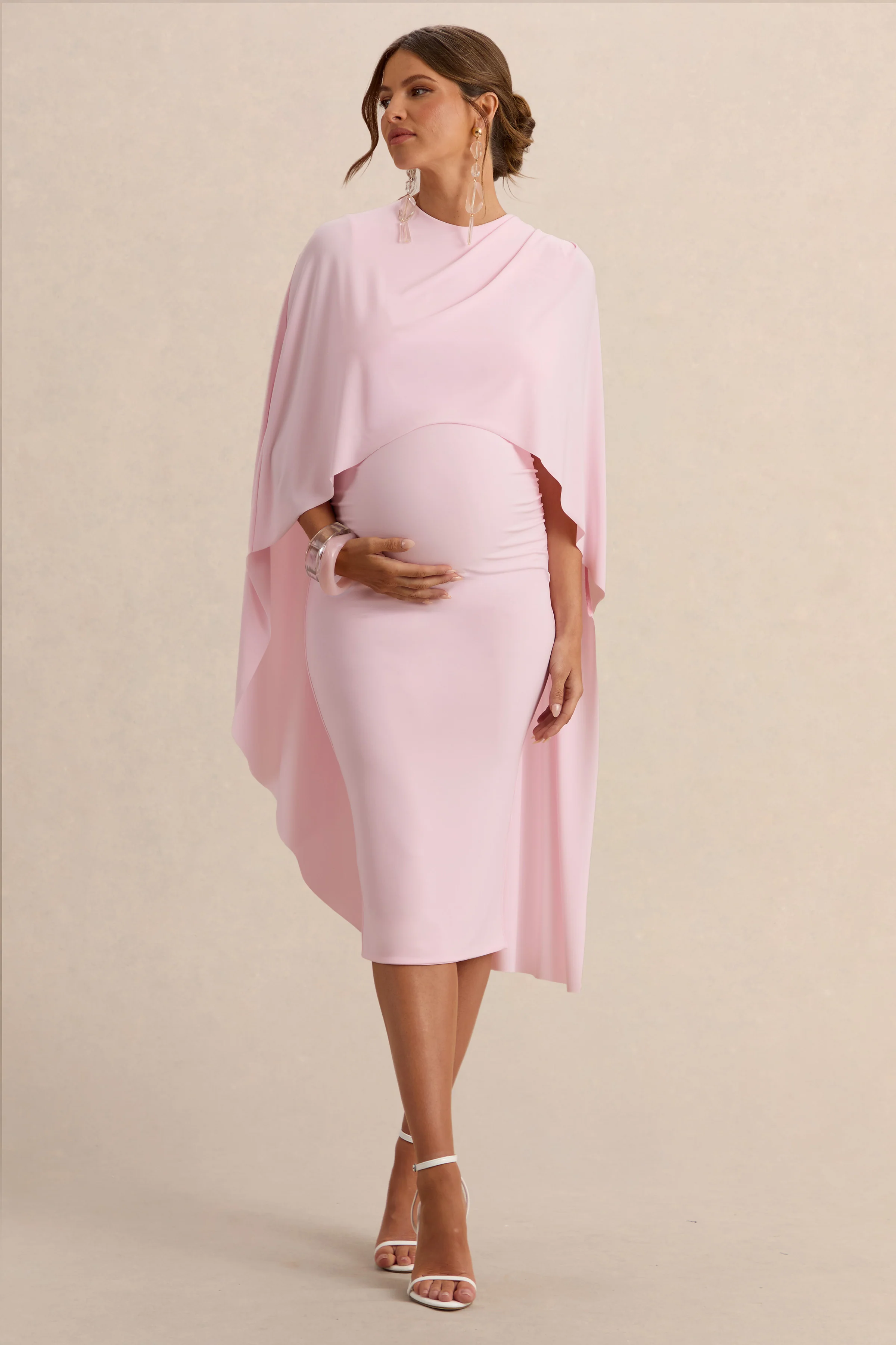 Arwen | Roze Ronde Hals Zwangerschaps Midi Jurk Met Cape Detail