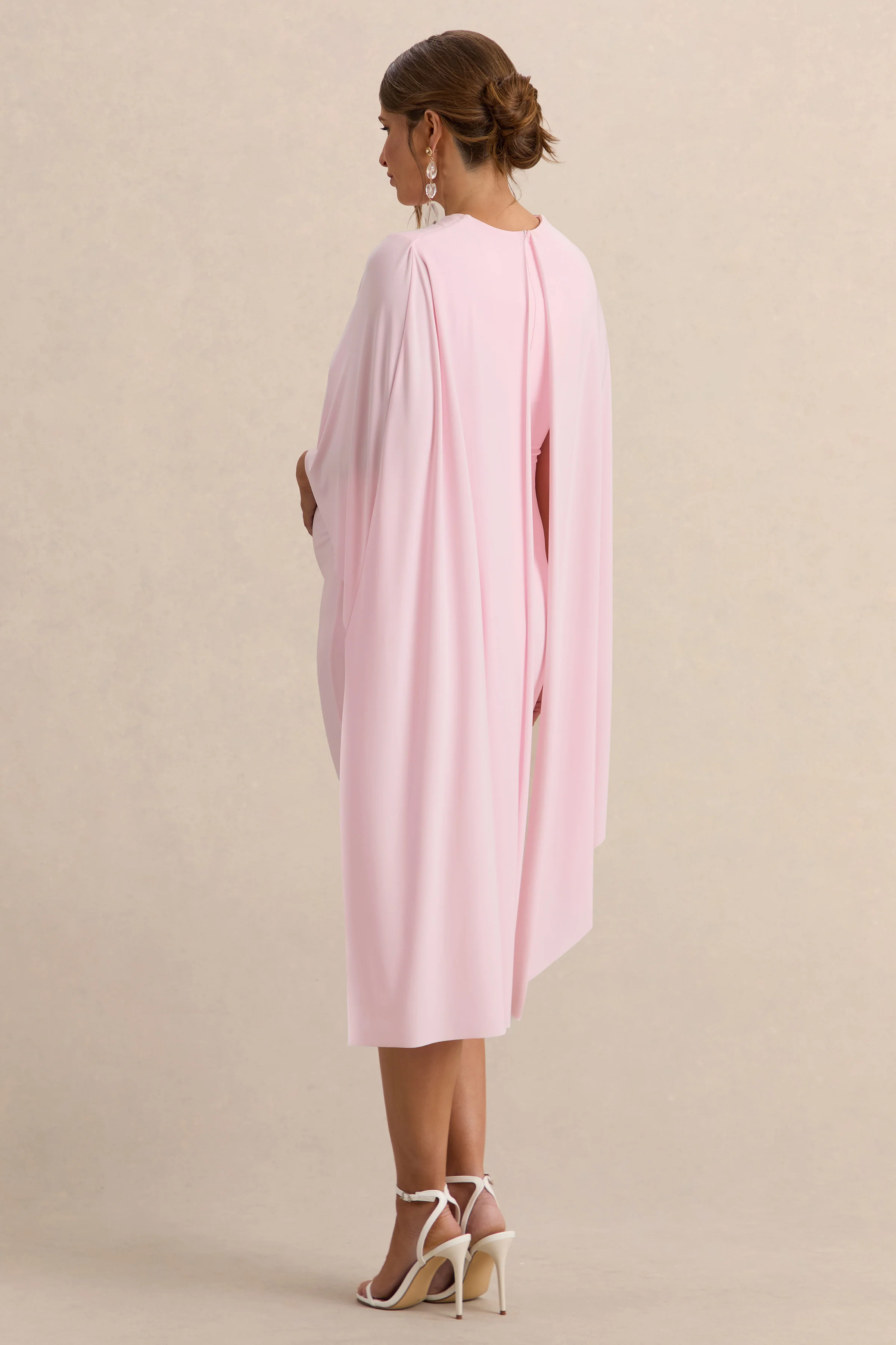 Arwen | Roze Ronde Hals Zwangerschaps Midi Jurk Met Cape Detail - Image 2