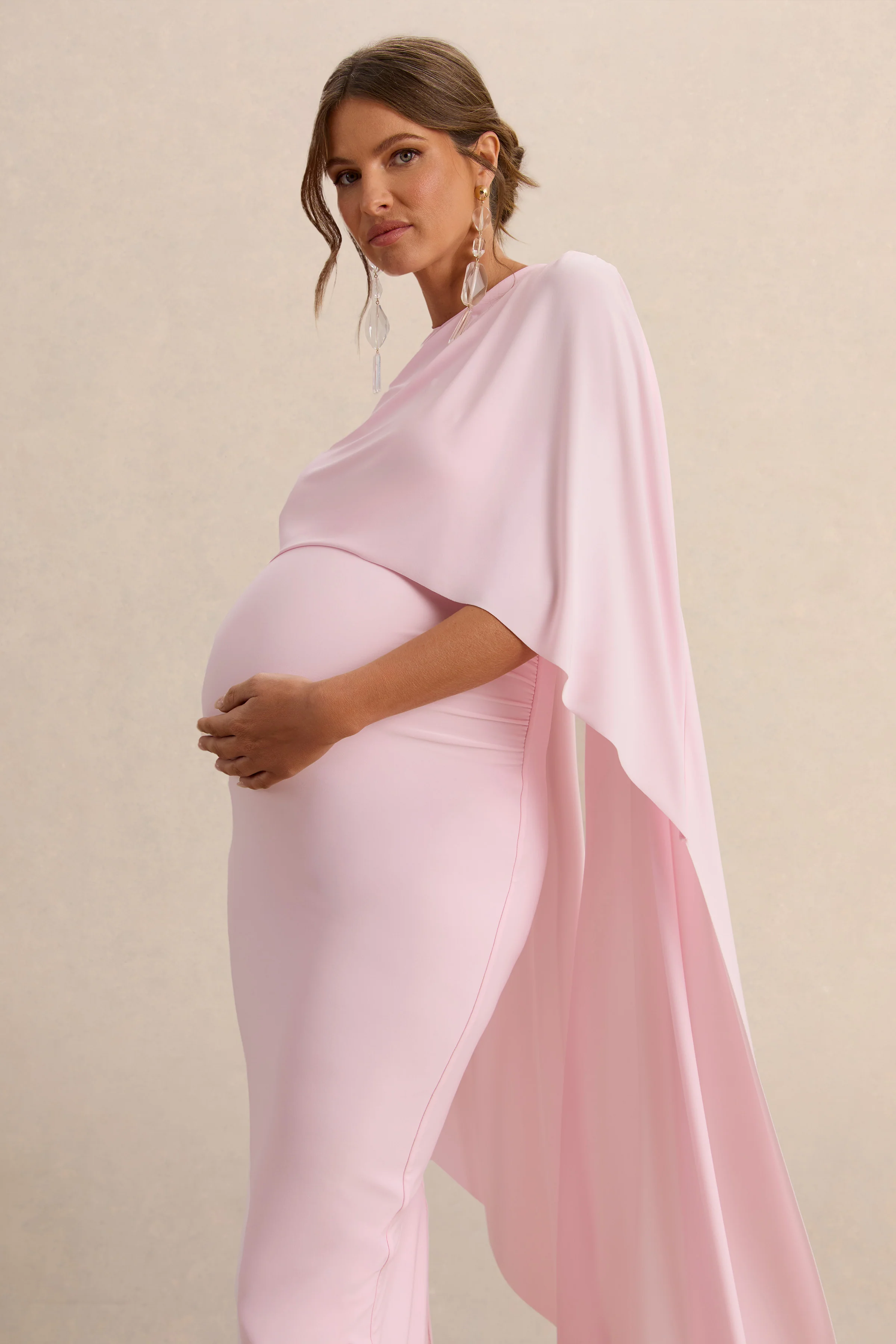 Arwen | Roze Ronde Hals Zwangerschaps Midi Jurk Met Cape Detail - Image 3