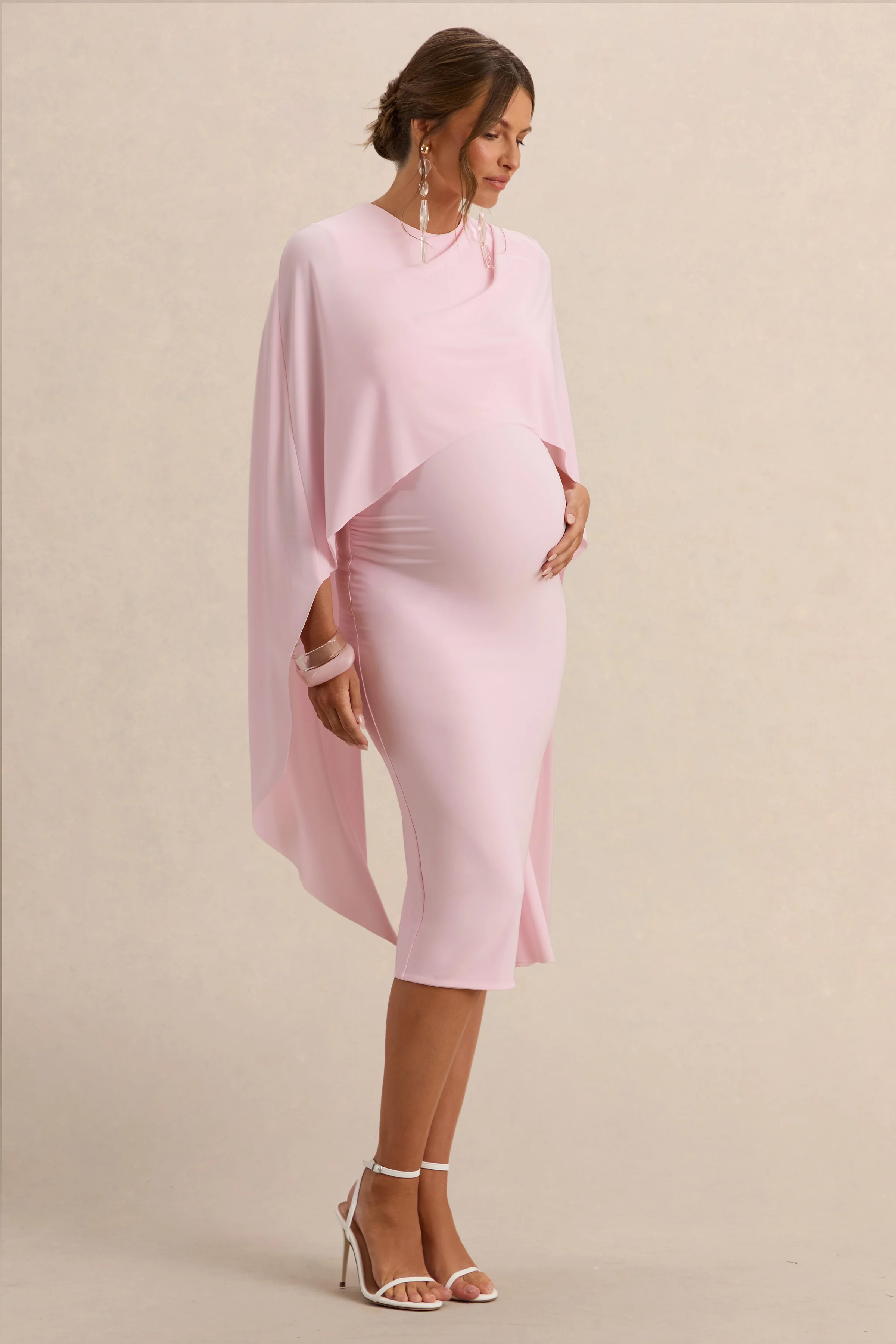 Arwen | Roze Ronde Hals Zwangerschaps Midi Jurk Met Cape Detail - Image 4
