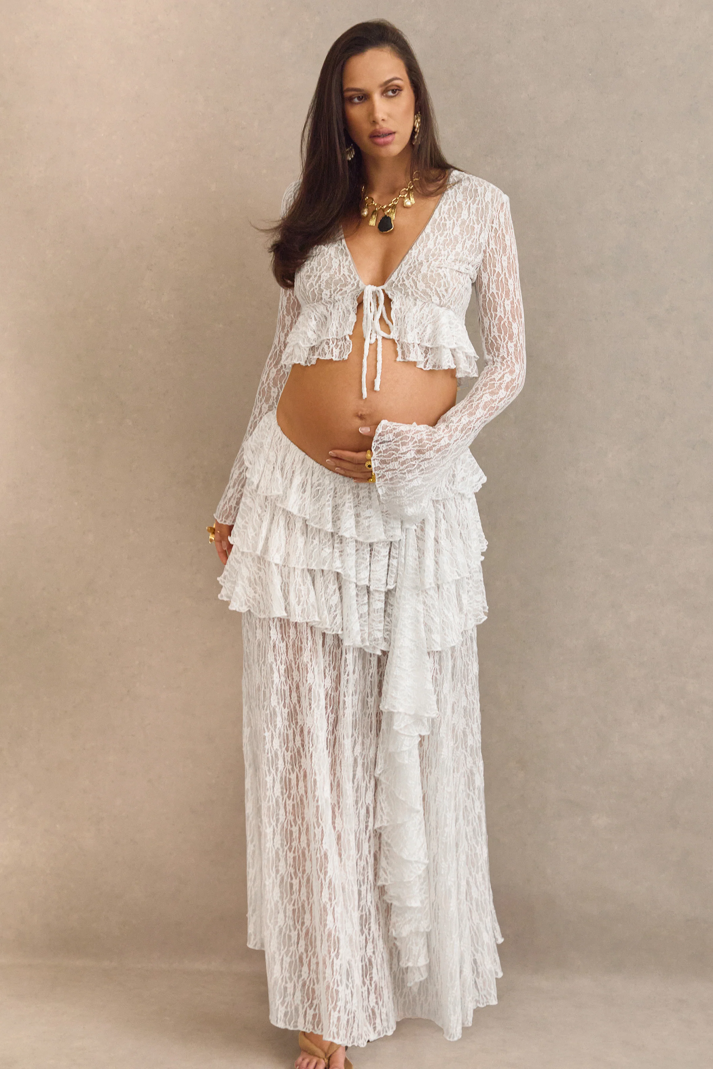 Astella | Witte Kanten Maxi Rok Met Asymmetrische Taille En Ruchesdetails - Image 7