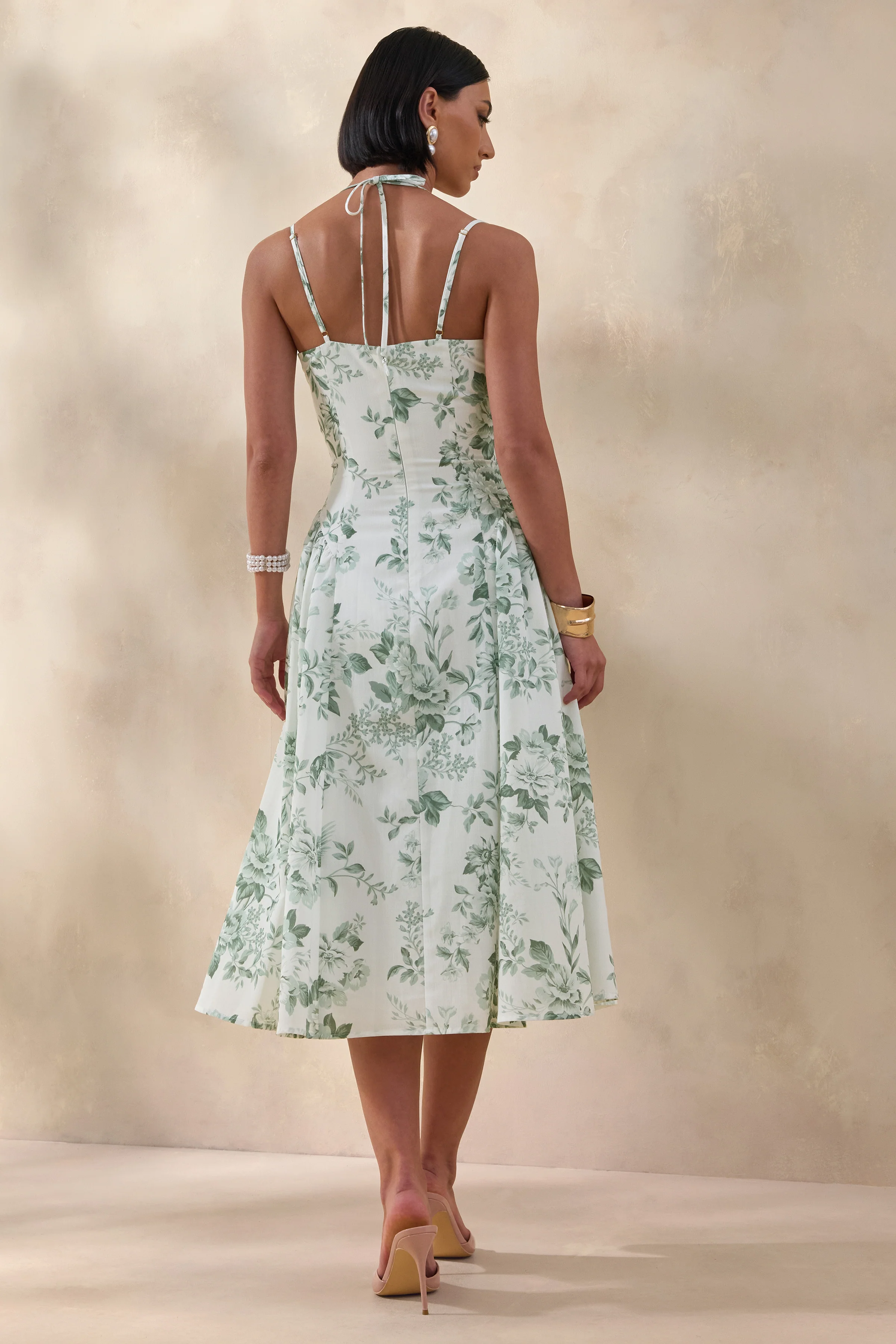 Audrey | Groene Bloemenprint Midi Jurk Met Sweetheart Halslijn En Gerimpelde Details - Image 2