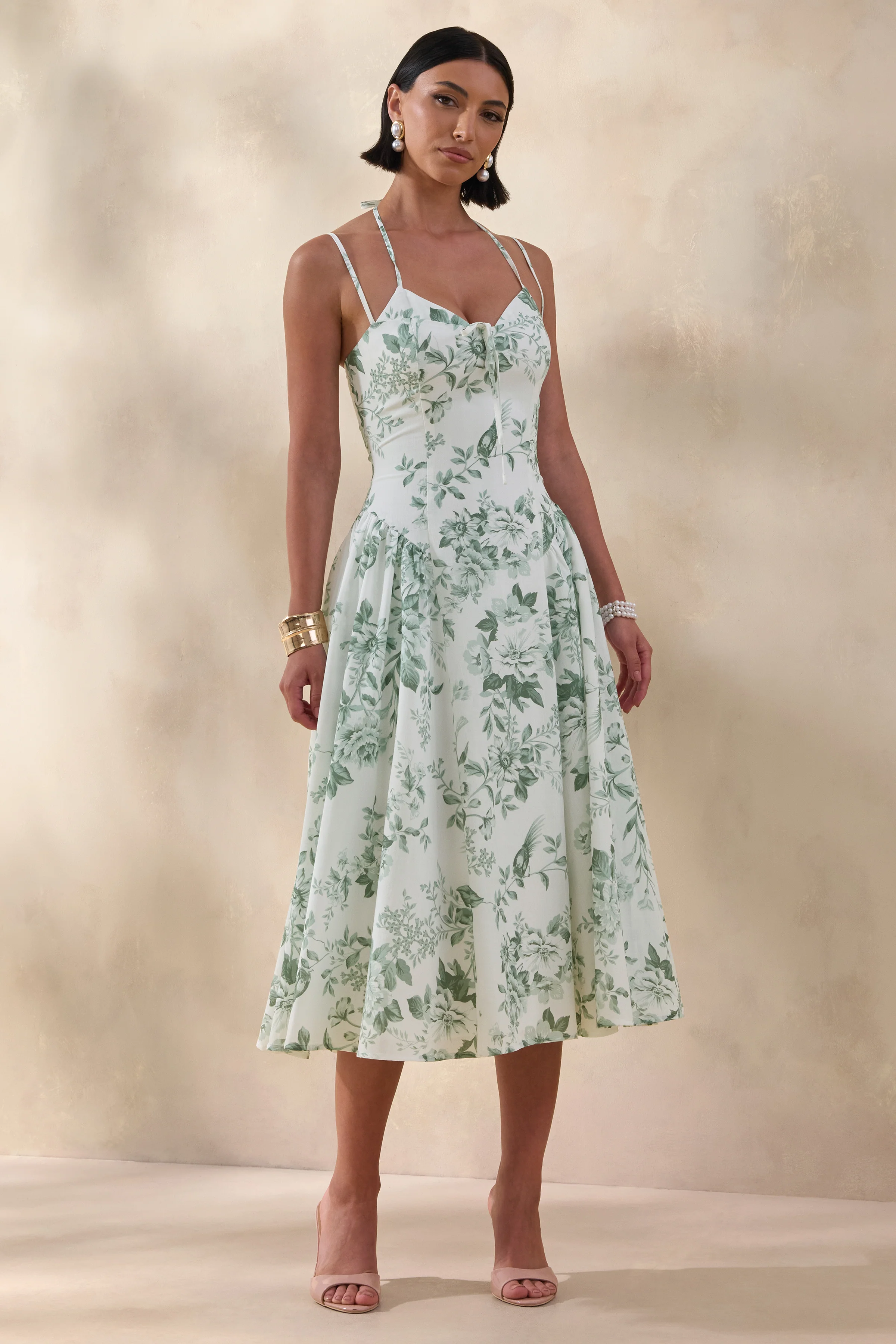 Audrey | Groene Bloemenprint Midi Jurk Met Sweetheart Halslijn En Gerimpelde Details - Image 4