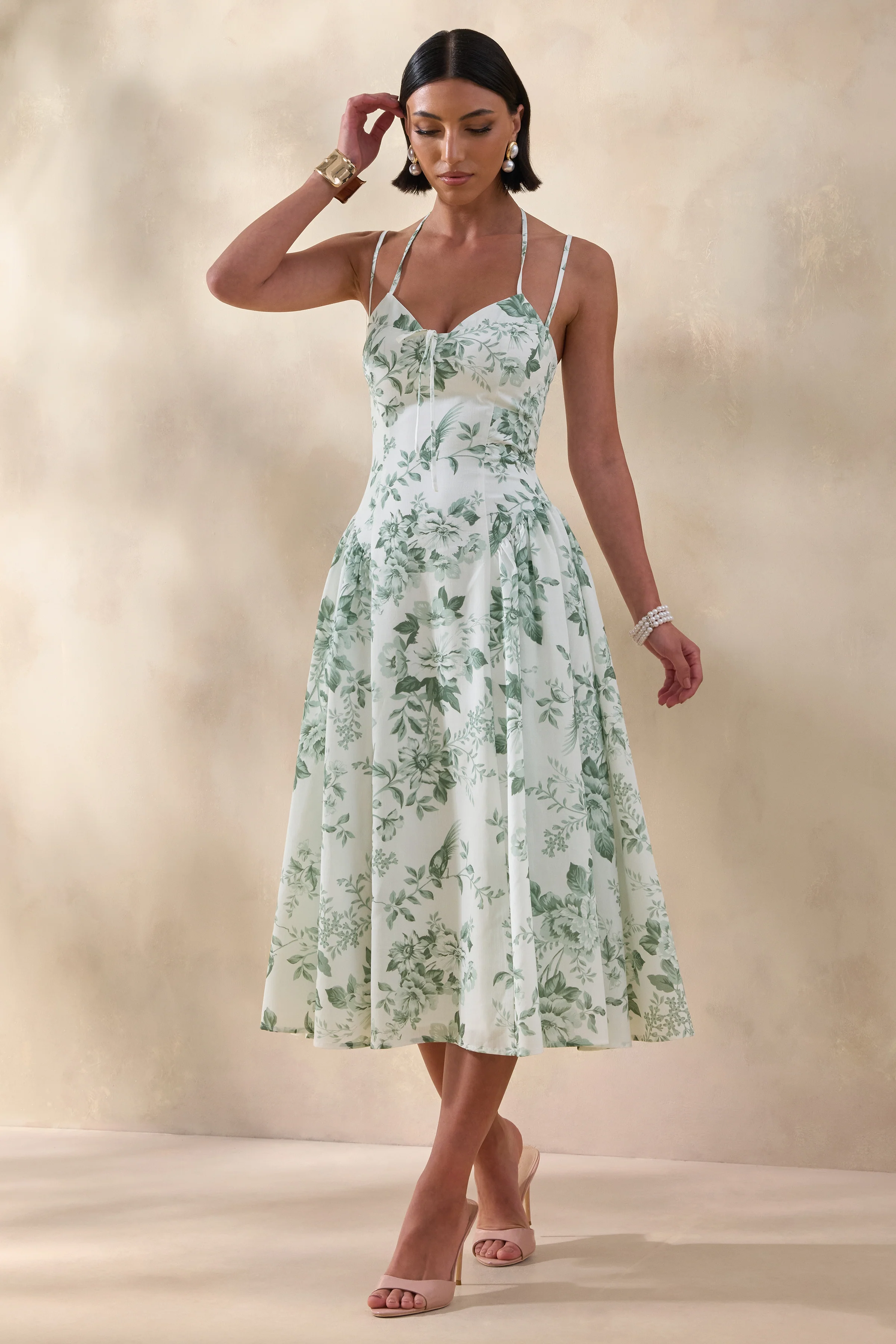 Audrey | Groene Bloemenprint Midi Jurk Met Sweetheart Halslijn En Gerimpelde Details - Image 5
