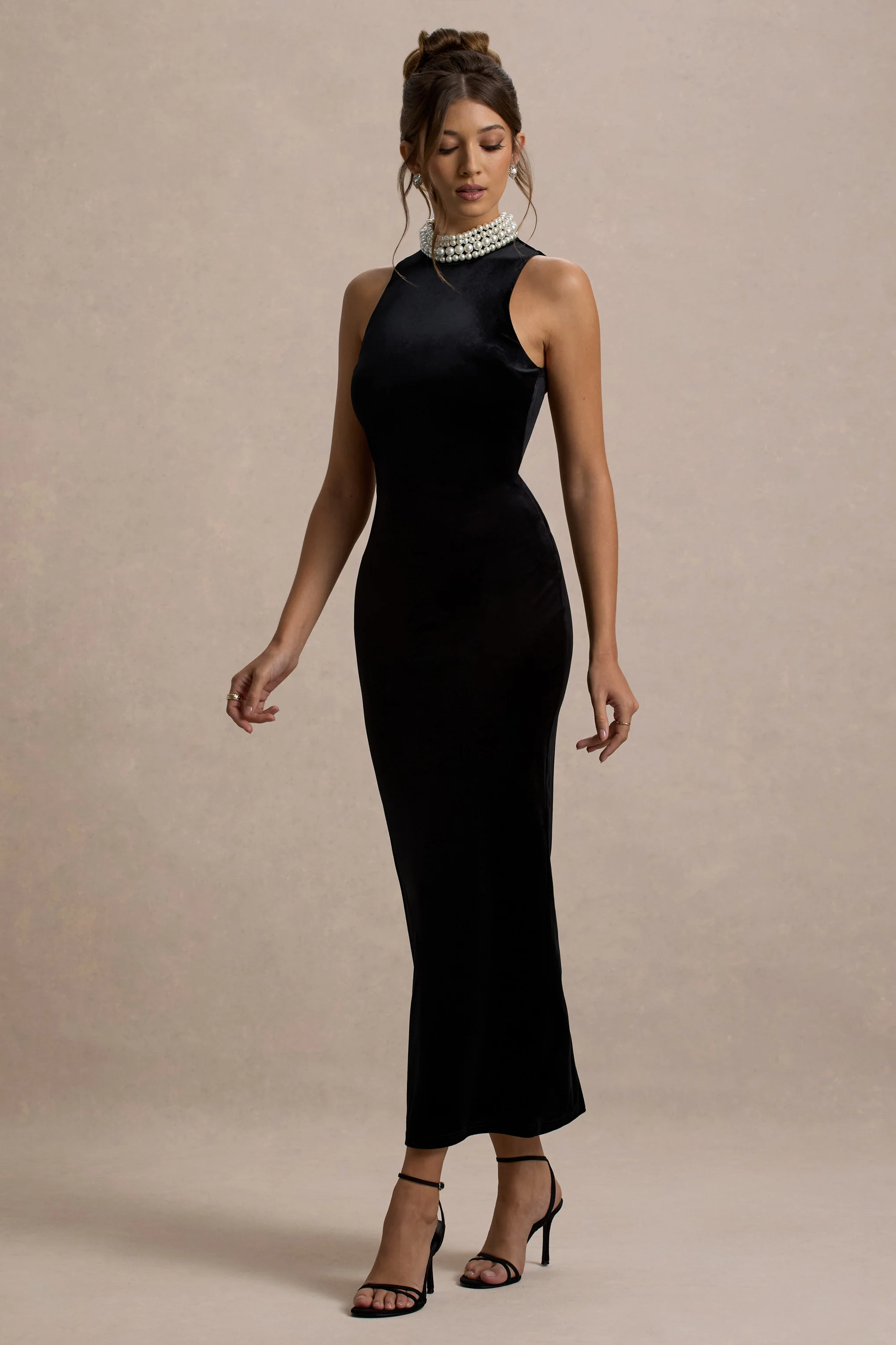 Audrine | Zwarte Velours Versierde Hoge Hals Maxi Jurk - Image 5