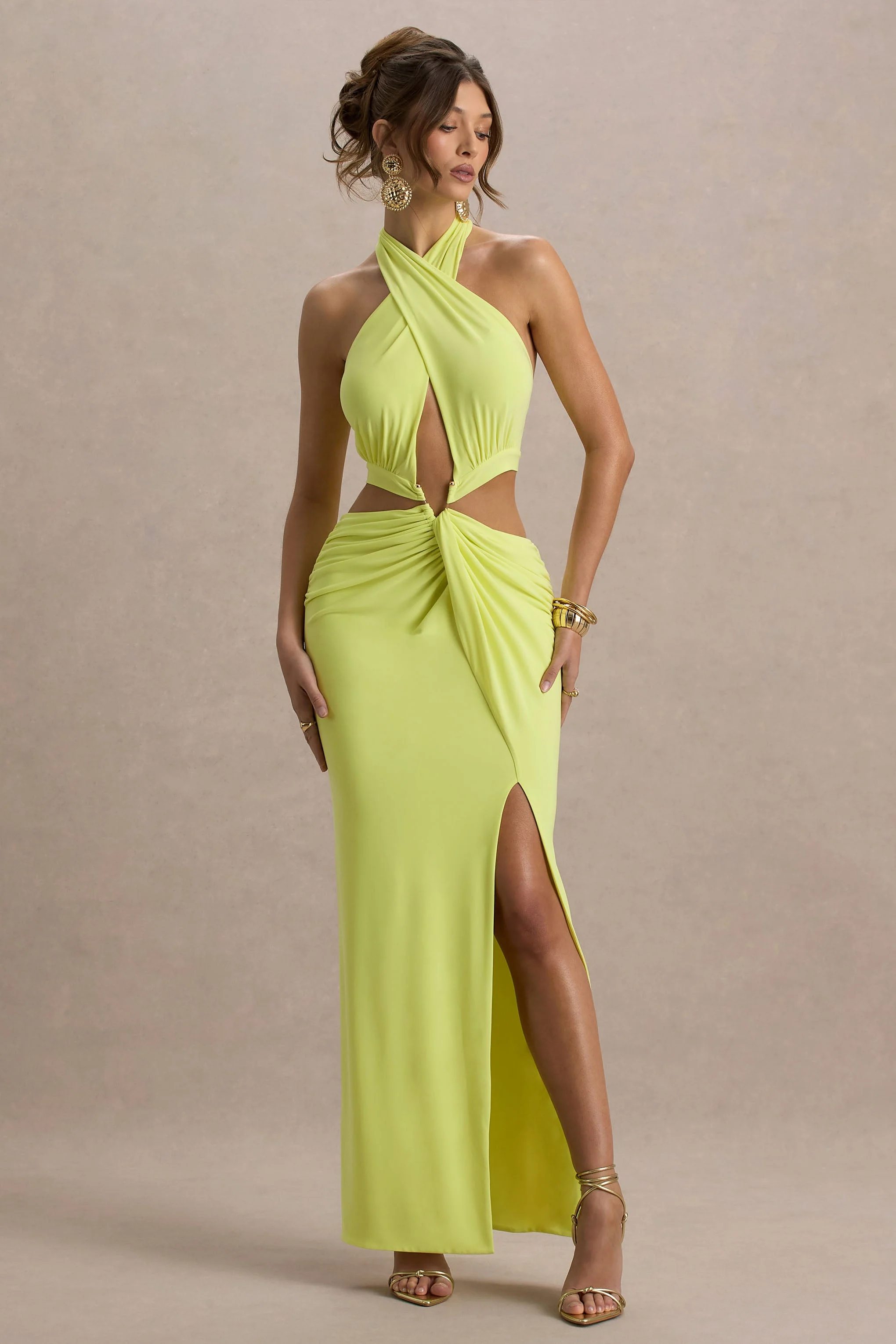 Aura | Limoengroene Halter Nek Split Maxi Jurk Met Uitsnijding