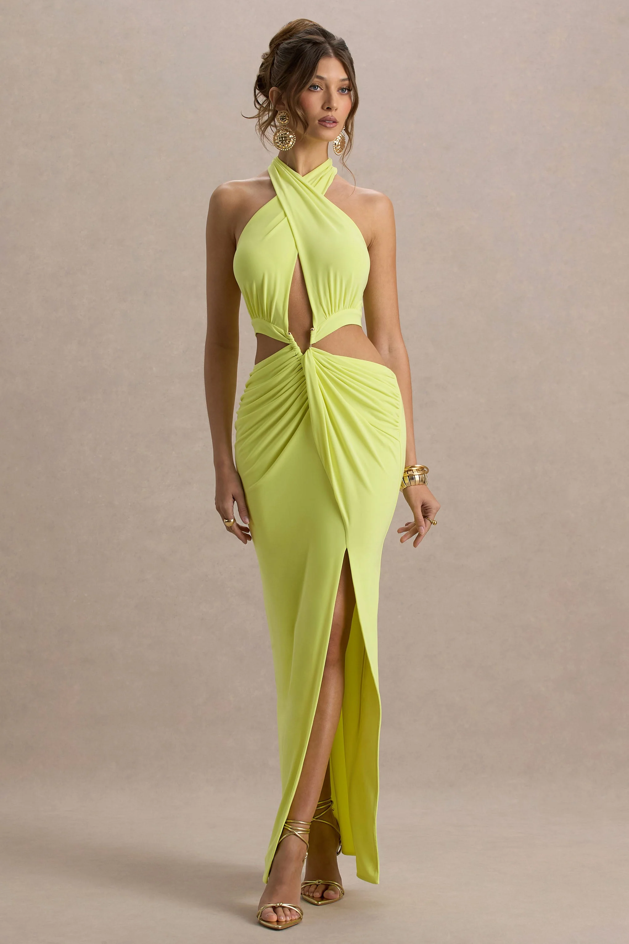 Aura | Limoengroene Halter Nek Split Maxi Jurk Met Uitsnijding - Image 4