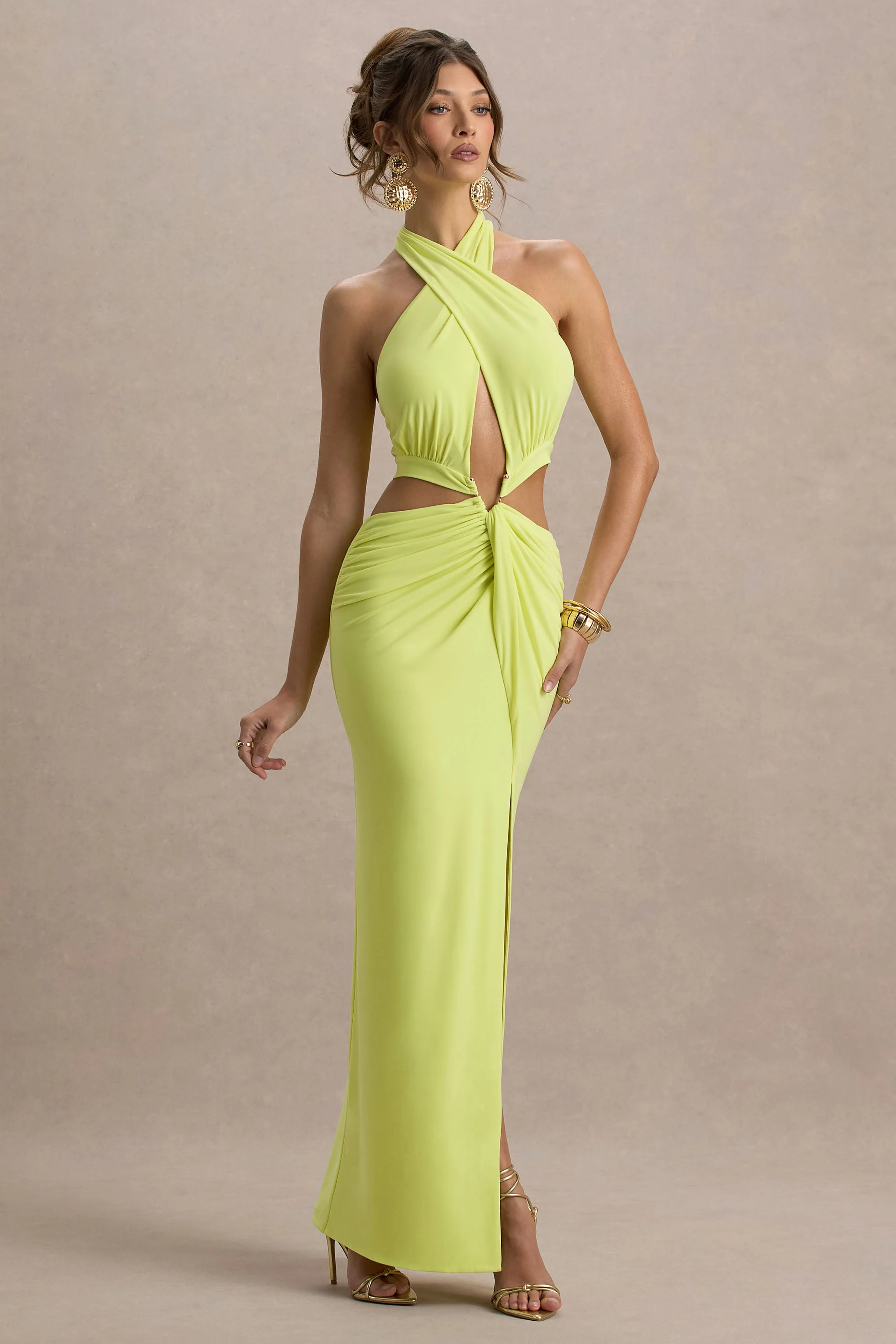 Aura | Limoengroene Halter Nek Split Maxi Jurk Met Uitsnijding - Image 5