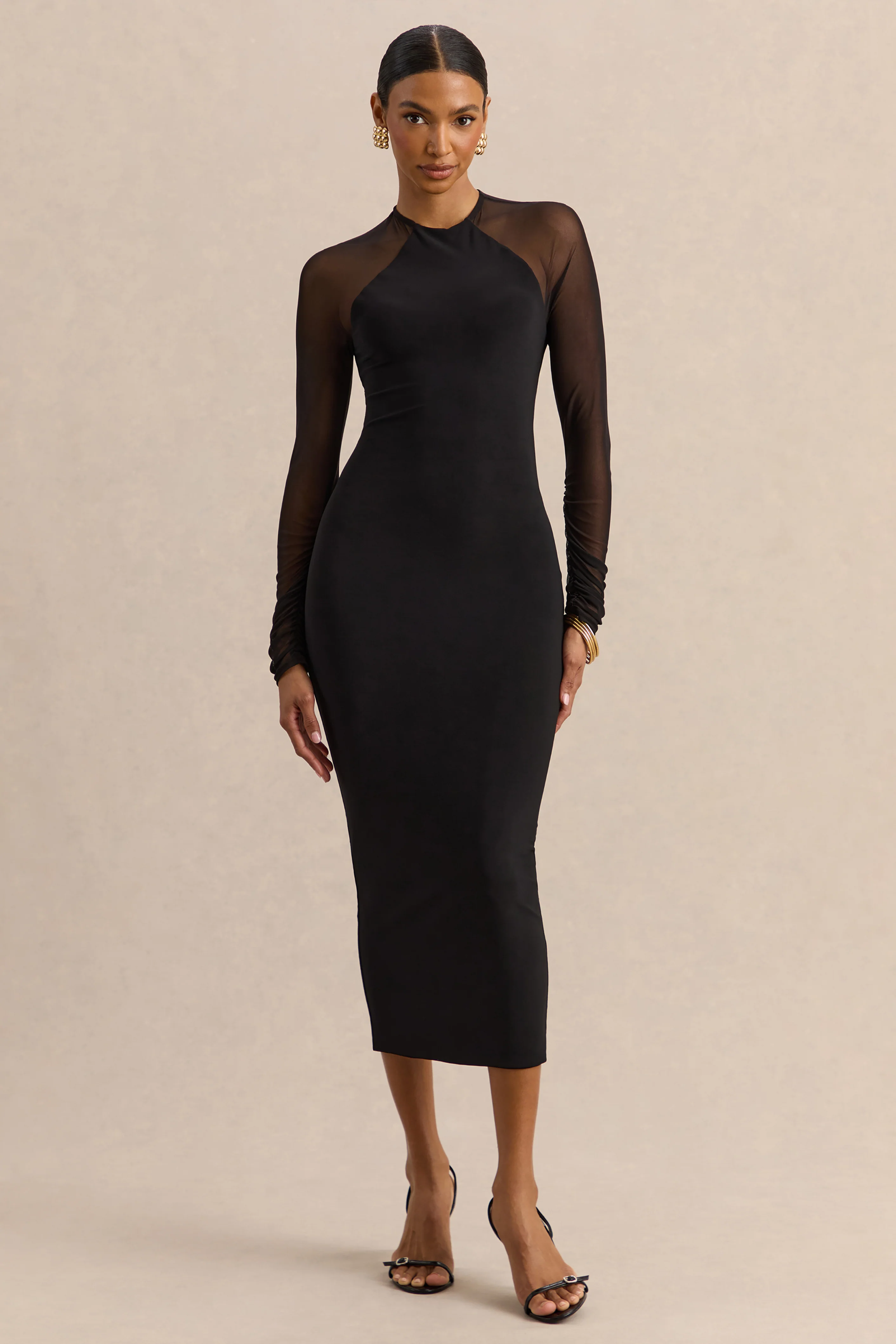 Aurevia | Zwarte Ronde Hals Midi Jurk Met Lange Mesh Mouwen - Image 4