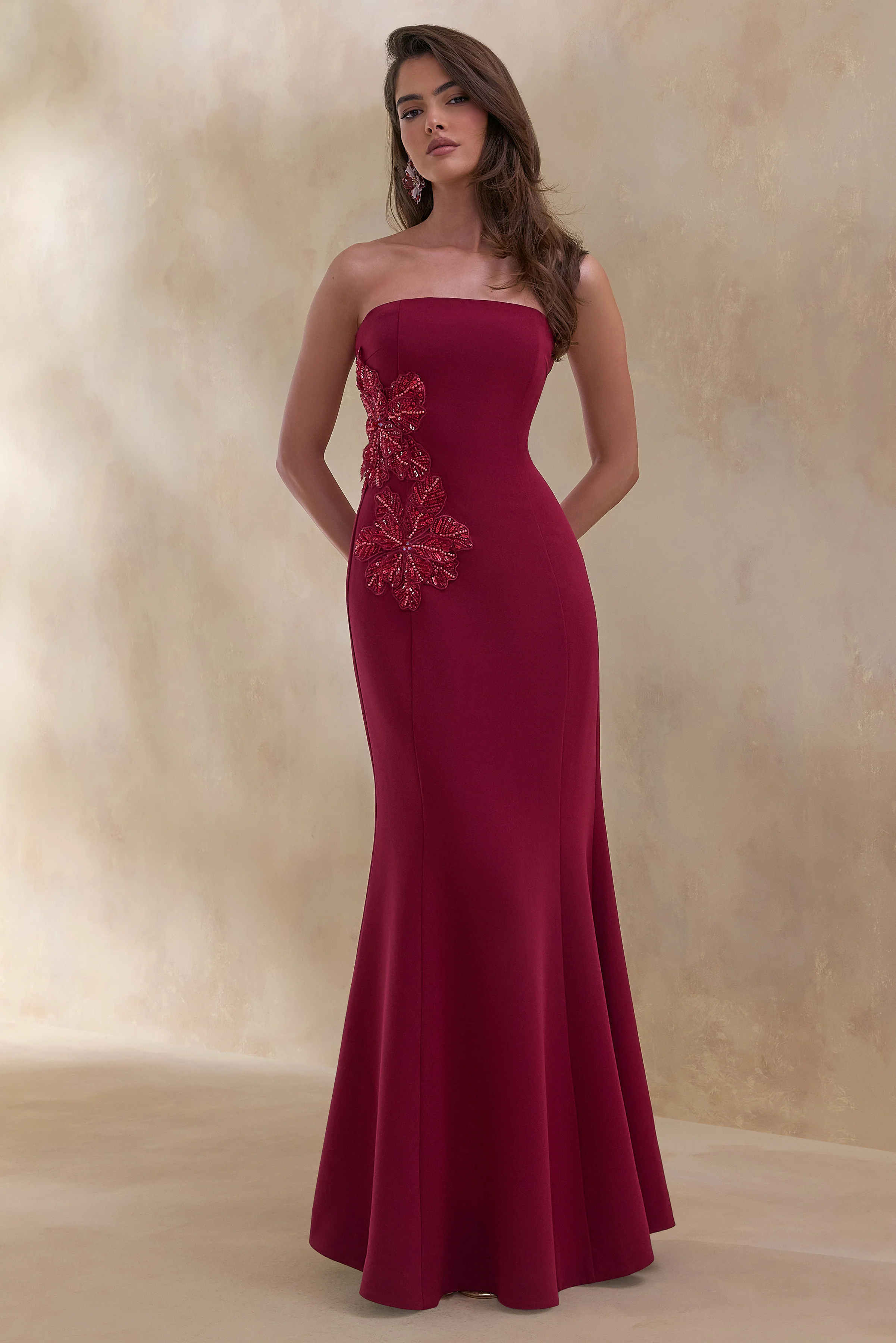 Aylana | Bordeaux Bandeau Maxi Jurk Met Versieringsdetail
