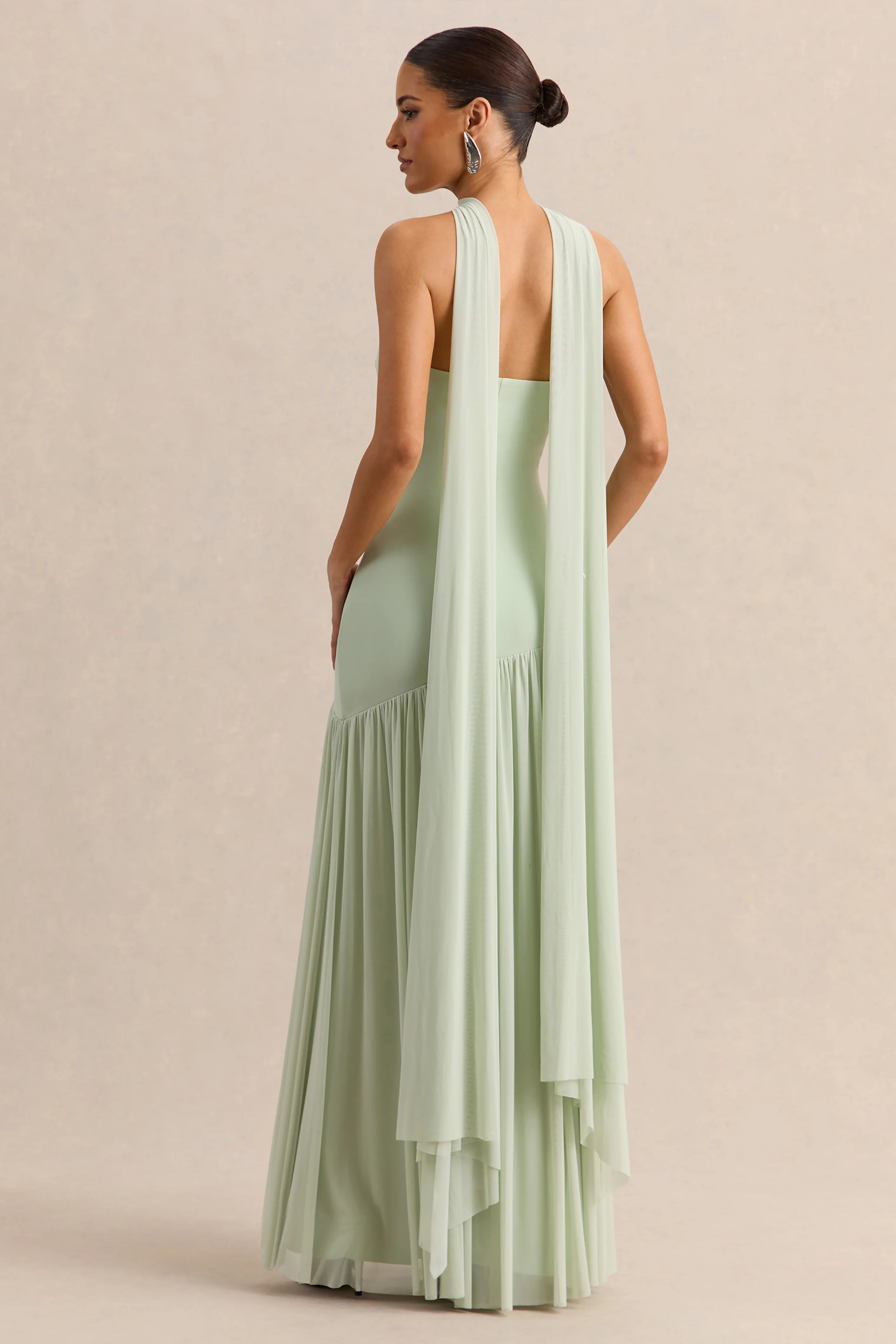 Bambi | Mintgroene Bandeau Maxi Jurk Met Sjaal Detail - Image 2