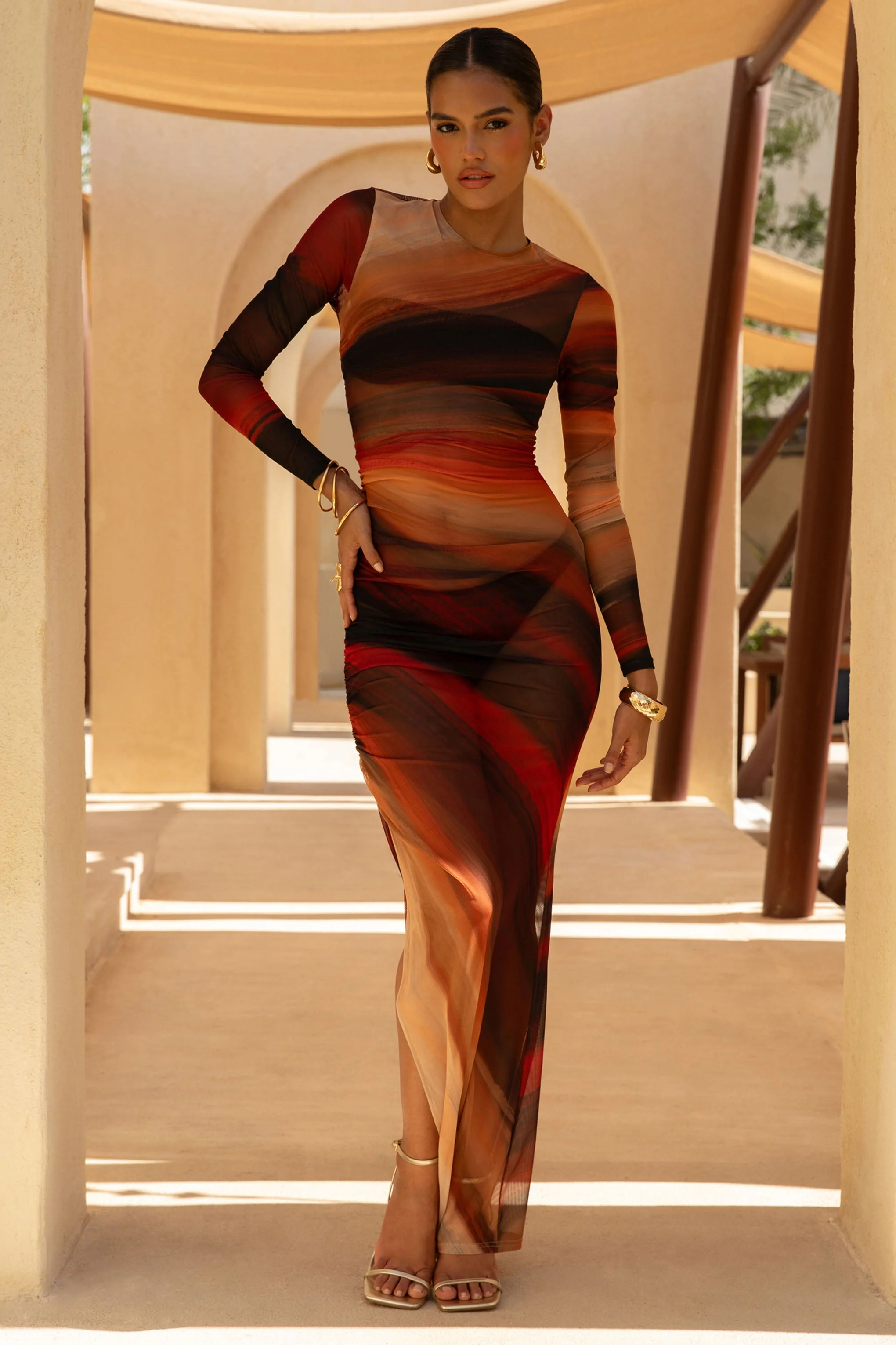 Barzilio | Ombré Bodycon Maxi Jurk Met Lang Mouwen