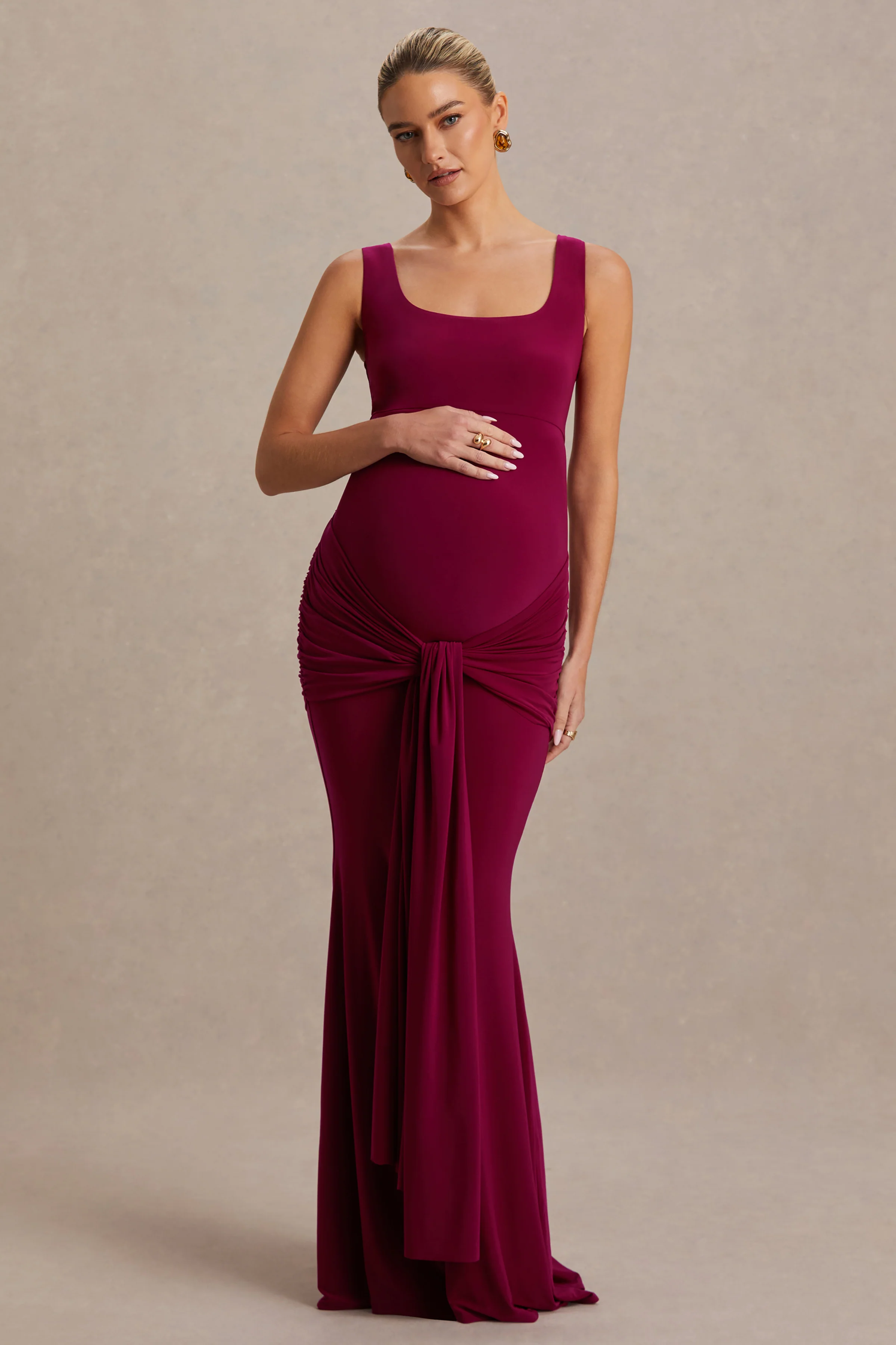 Baylin | Bordeaux Vierkante Hals Zwangerschaps Maxi Jurk Met Gerimpelde Details En Ceintuur - Image 5