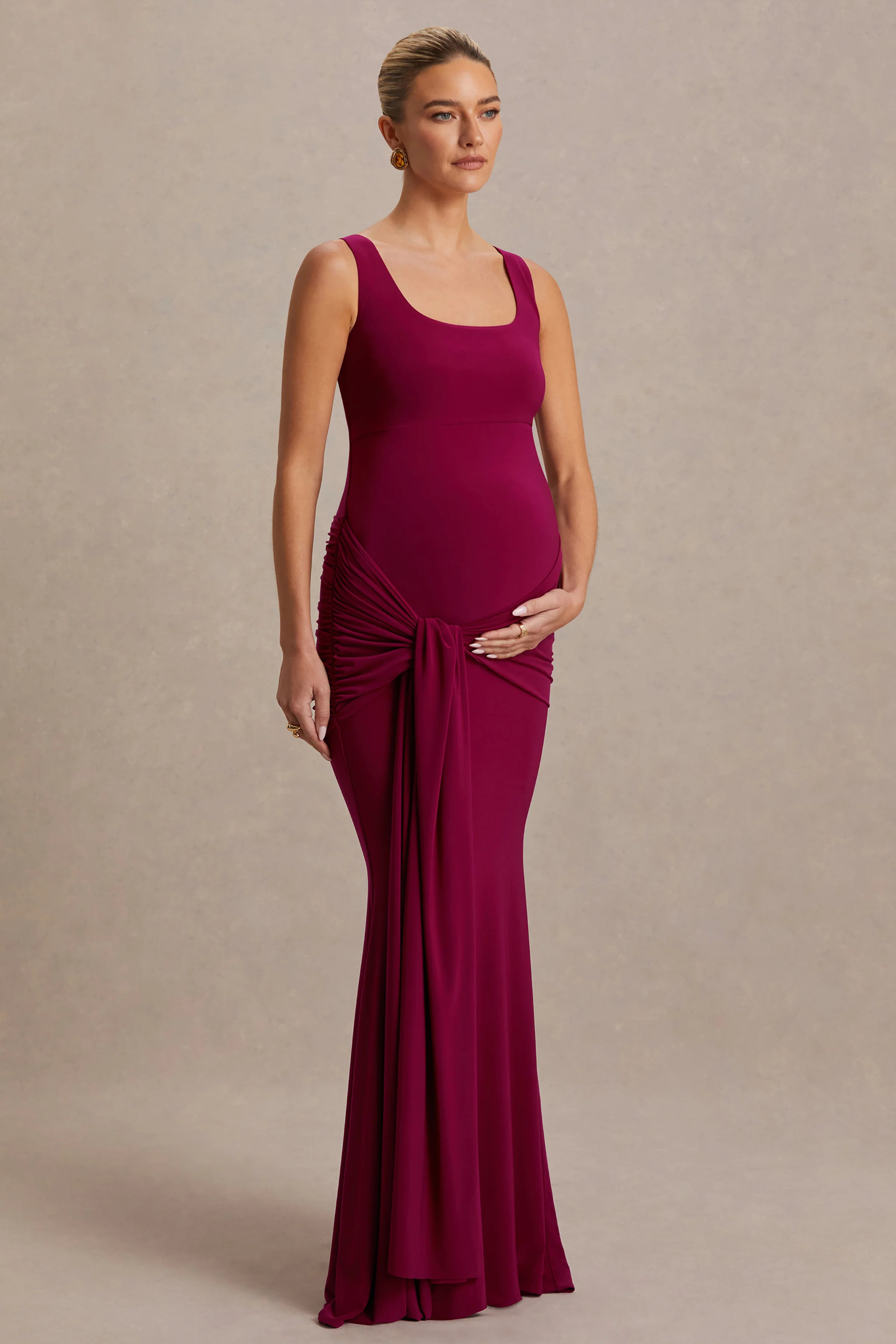 Baylin | Bordeaux Vierkante Hals Zwangerschaps Maxi Jurk Met Gerimpelde Details En Ceintuur - Image 6
