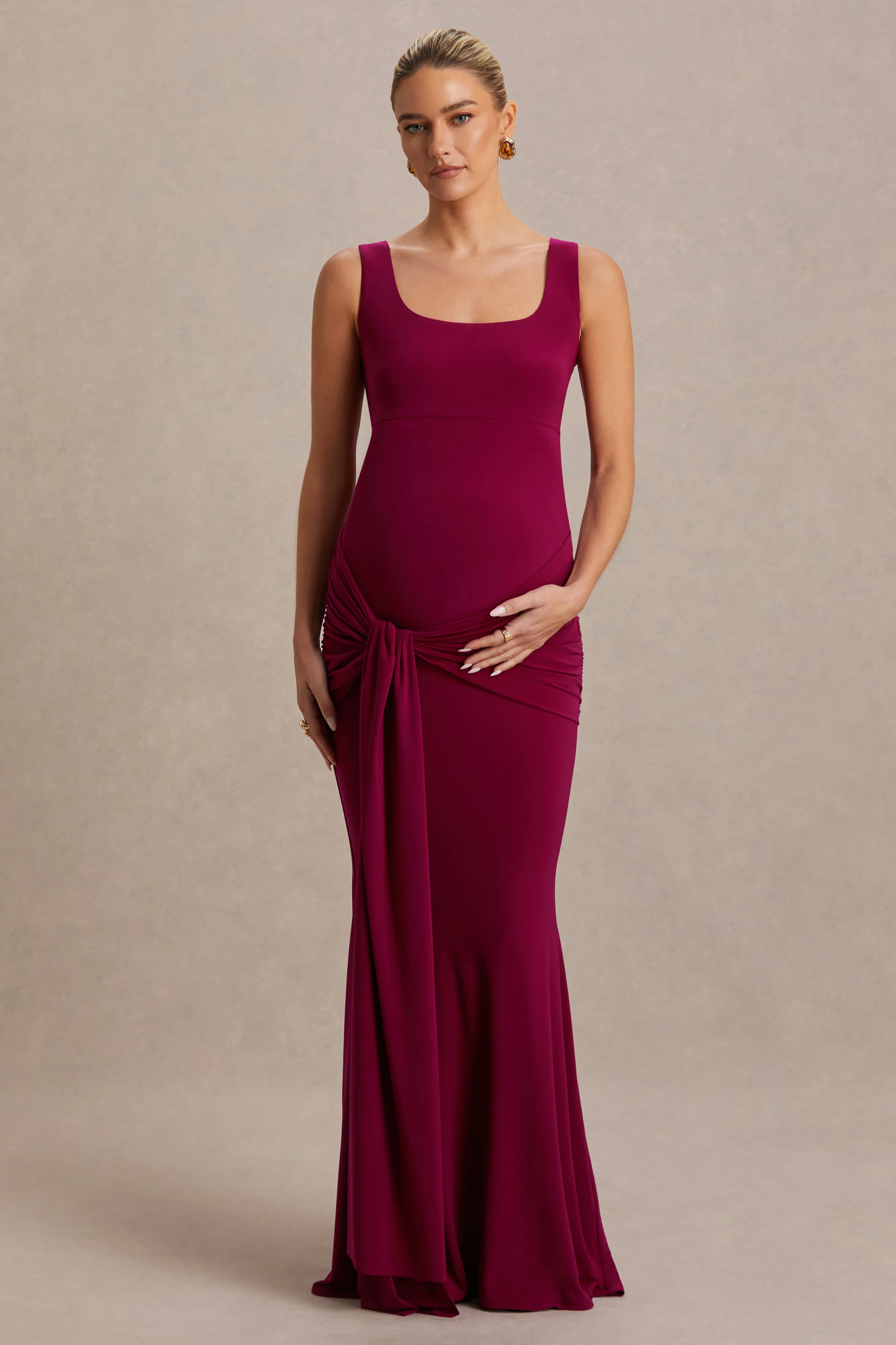 Baylin | Bordeaux Vierkante Hals Zwangerschaps Maxi Jurk Met Gerimpelde Details En Ceintuur - Image 7