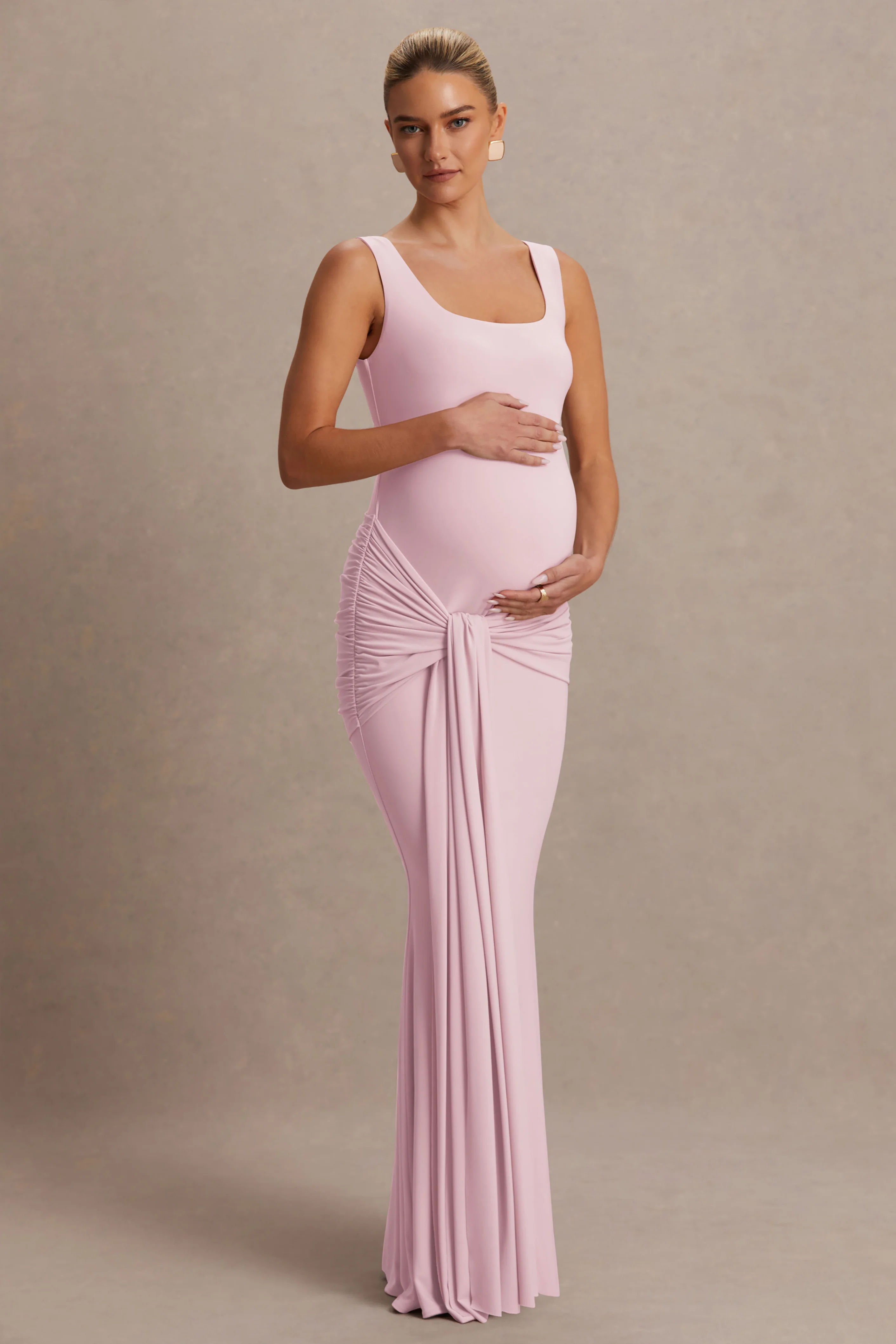 Baylin | Licht Roze Vierkante Hals Zwangerschaps Maxi Jurk Met Gerimpeld Detail En Ceintuur - Image 7