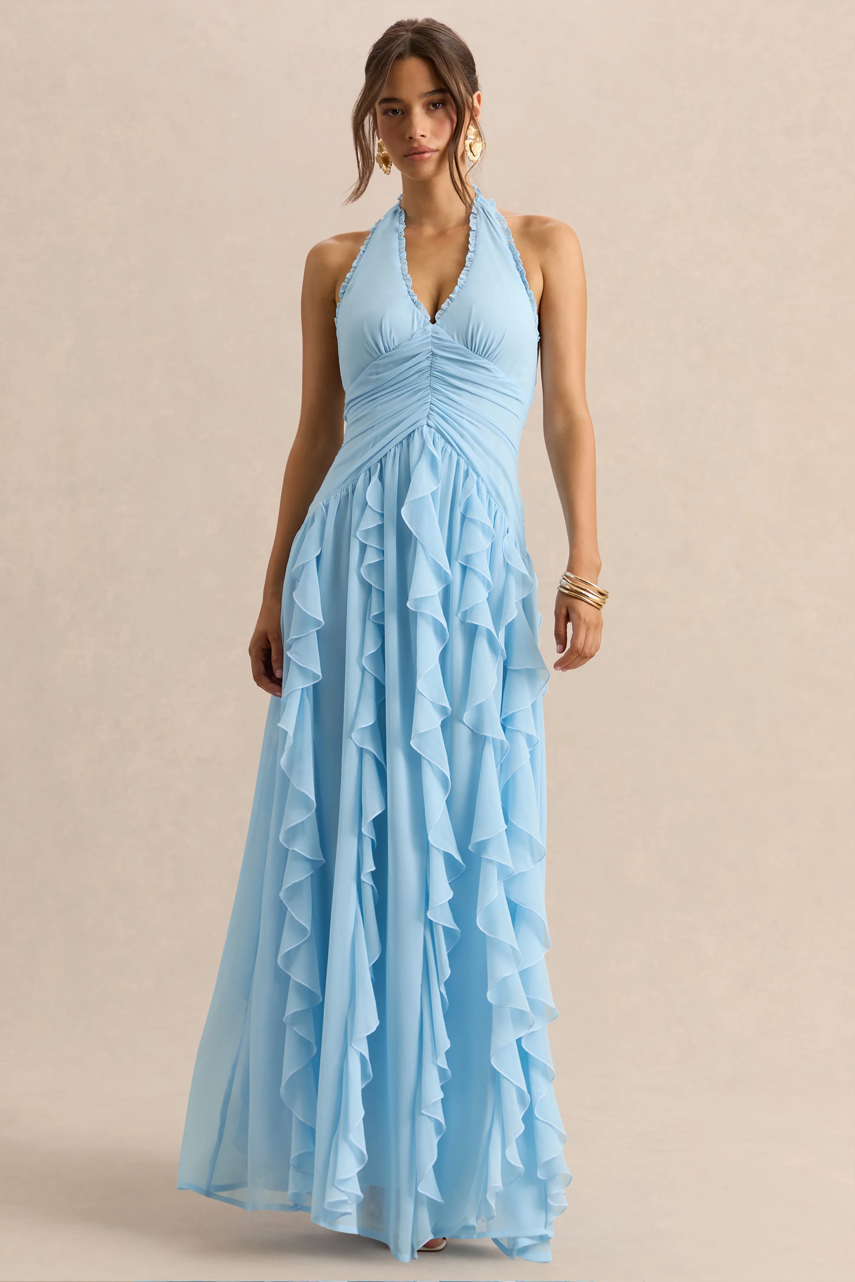 Bea | Poederblauwe Diepe V-Hals Maxi Jurk Met Ruches