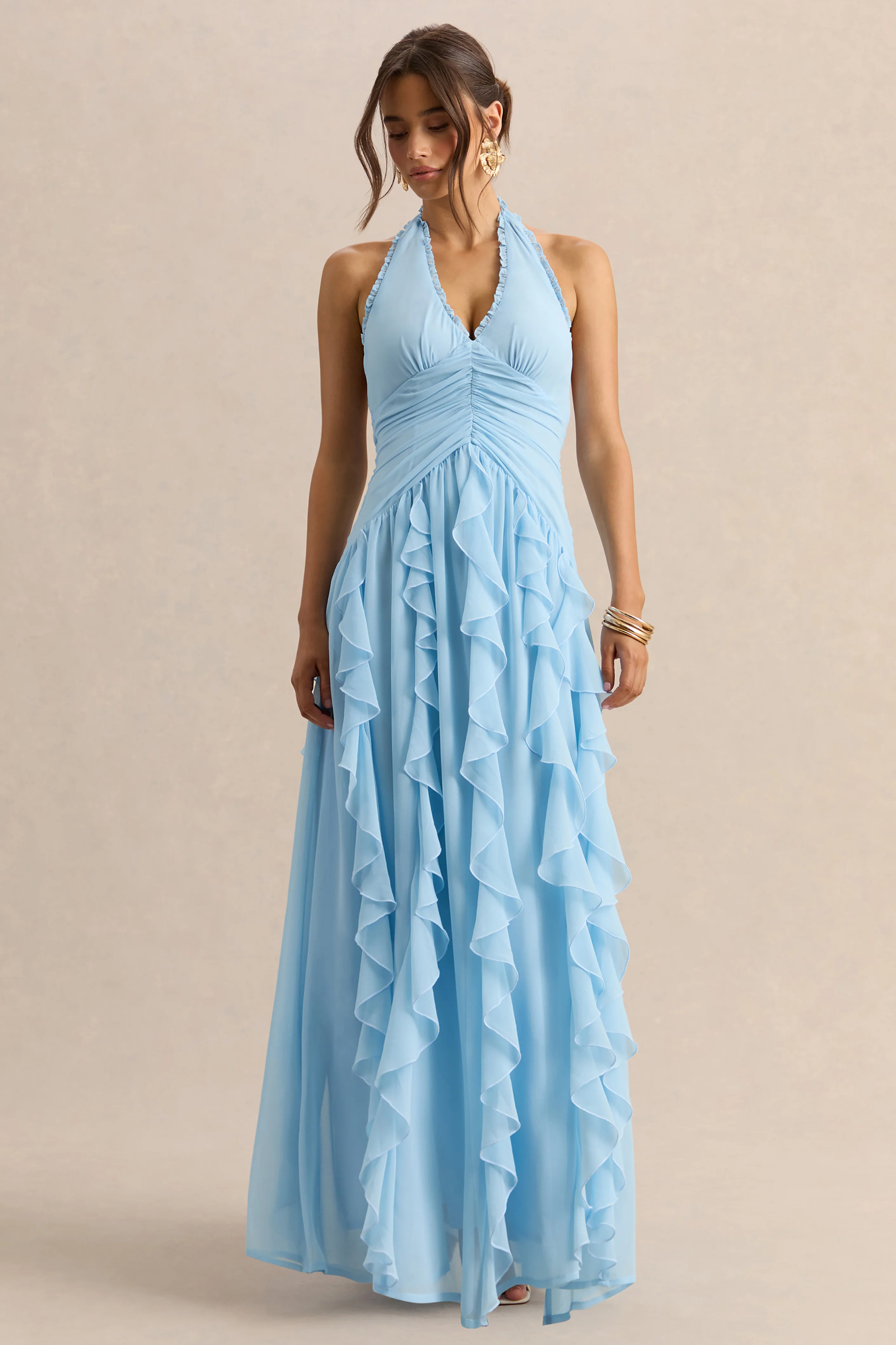 Bea | Poederblauwe Diepe V-Hals Maxi Jurk Met Ruches - Image 5