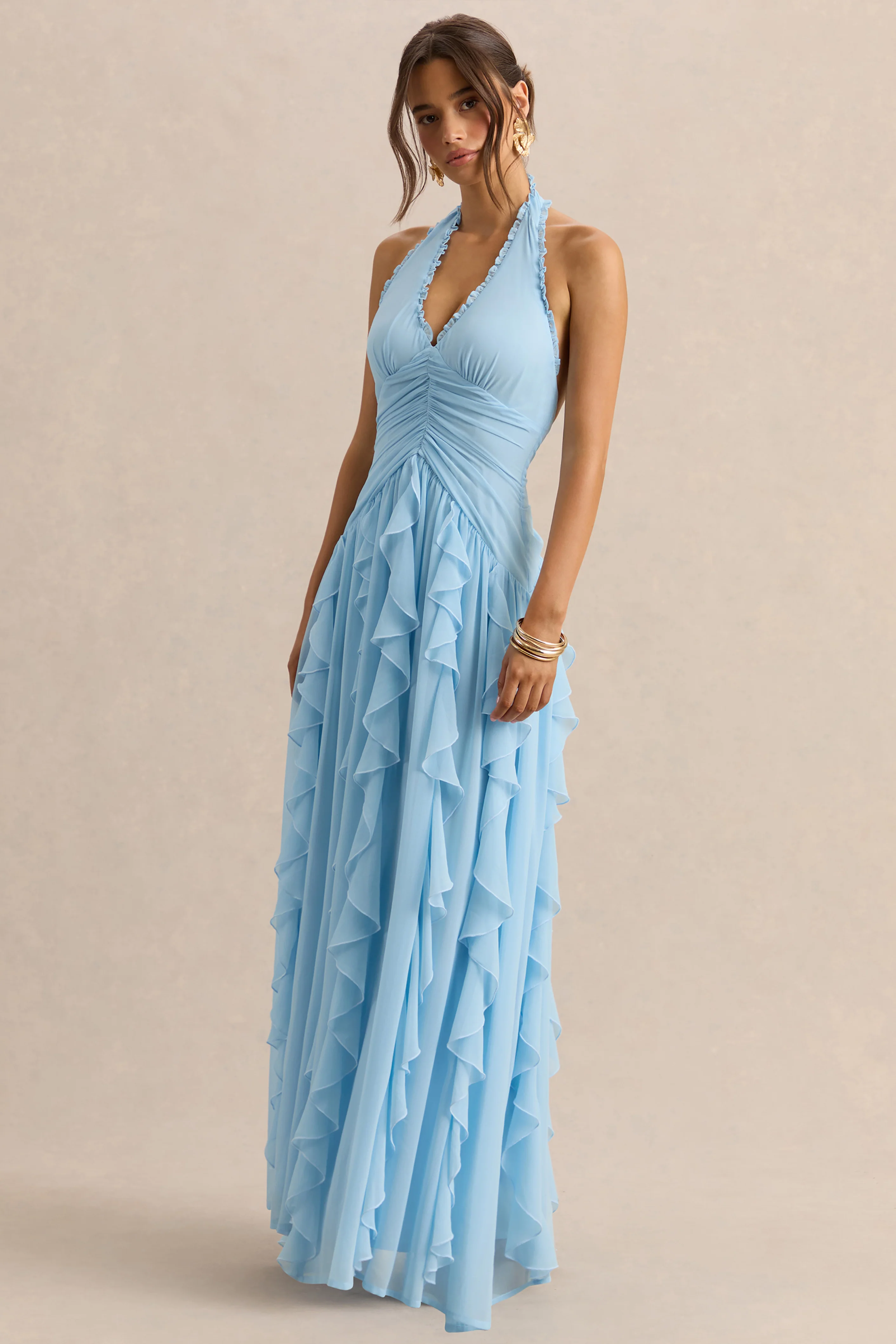 Bea | Poederblauwe Diepe V-Hals Maxi Jurk Met Ruches - Image 7
