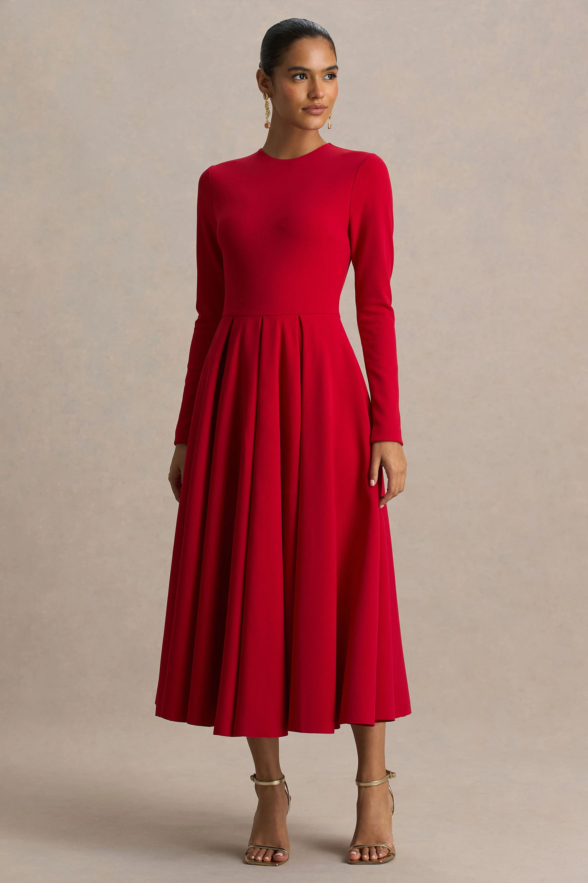 Bellamy | Rode Ronde Hals Midi Jurk Met Lange Mouwen - Image 4