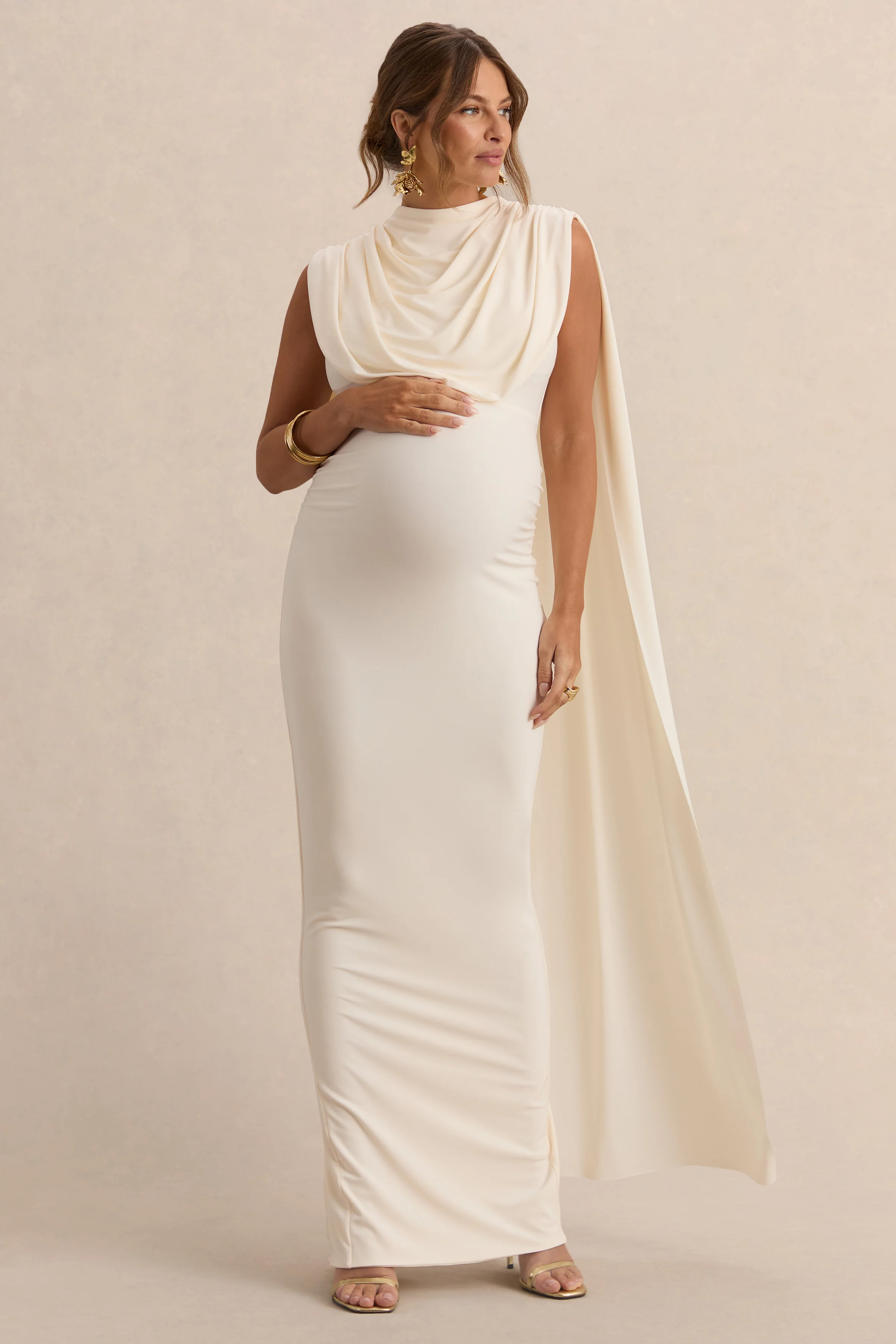 Belva | Crème Ronde Hals Zwangerschaps Maxi Jurk Met Cape Detail - Image 6