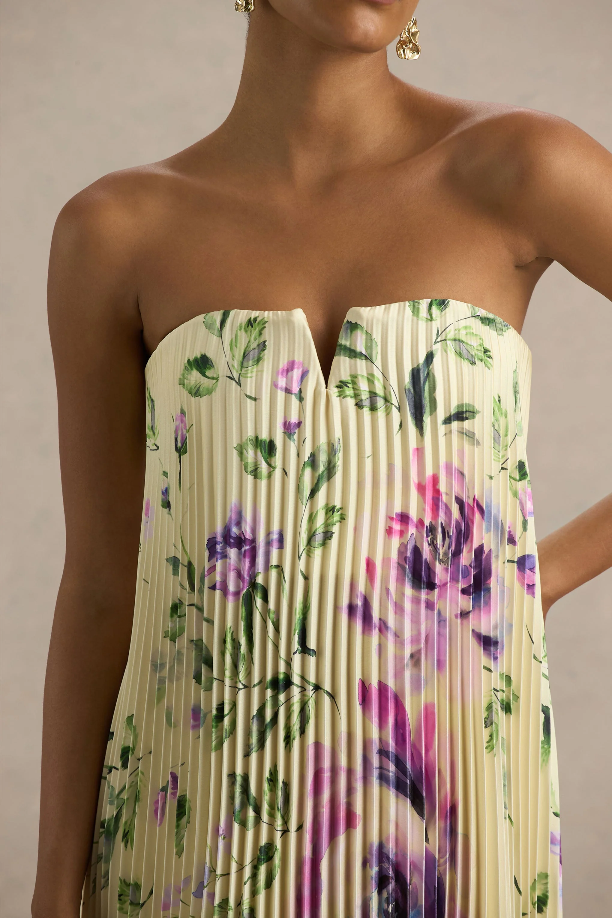 Bergamot | Citroengele Rooz Print Satijnen Maxi Jurk Met Sweetheart Halslijn - Image 3