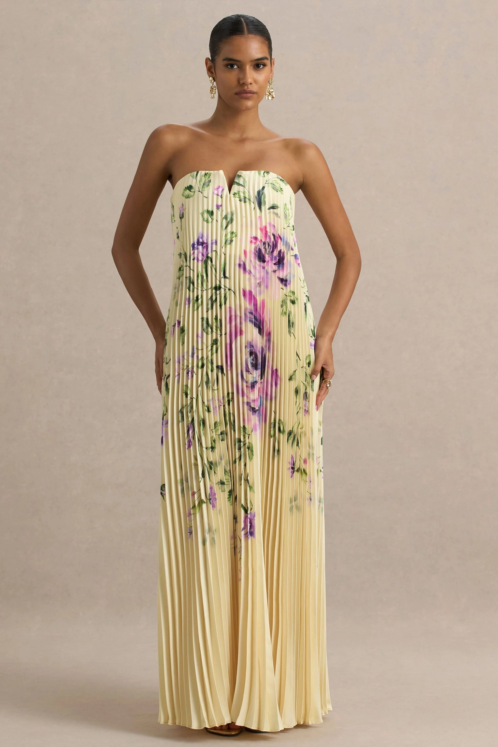 Bergamot | Citroengele Rooz Print Satijnen Maxi Jurk Met Sweetheart Halslijn - Image 5