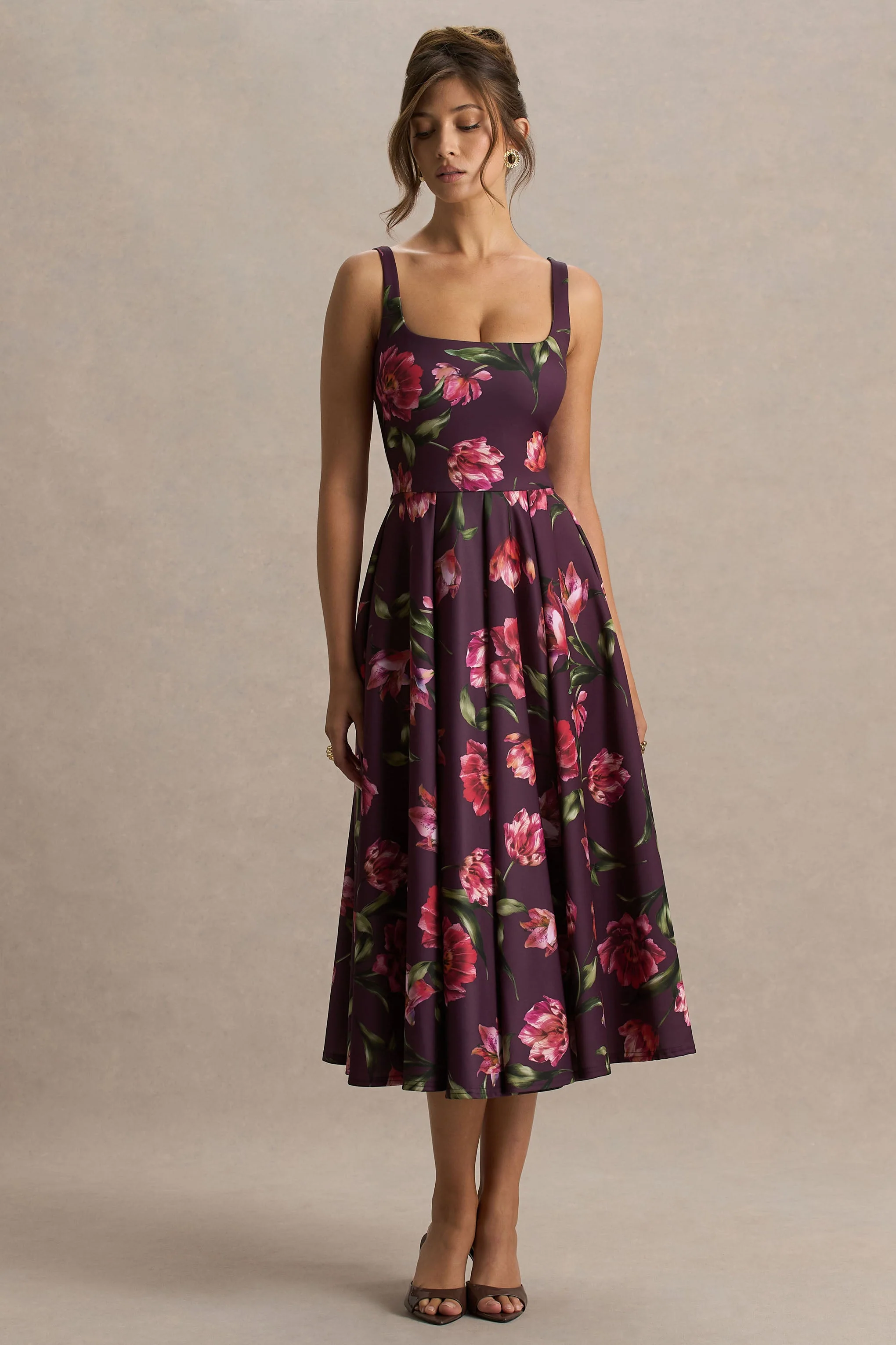 Berta | Bordeaux Bloemenprint Vierkante Hals Middi Jurk