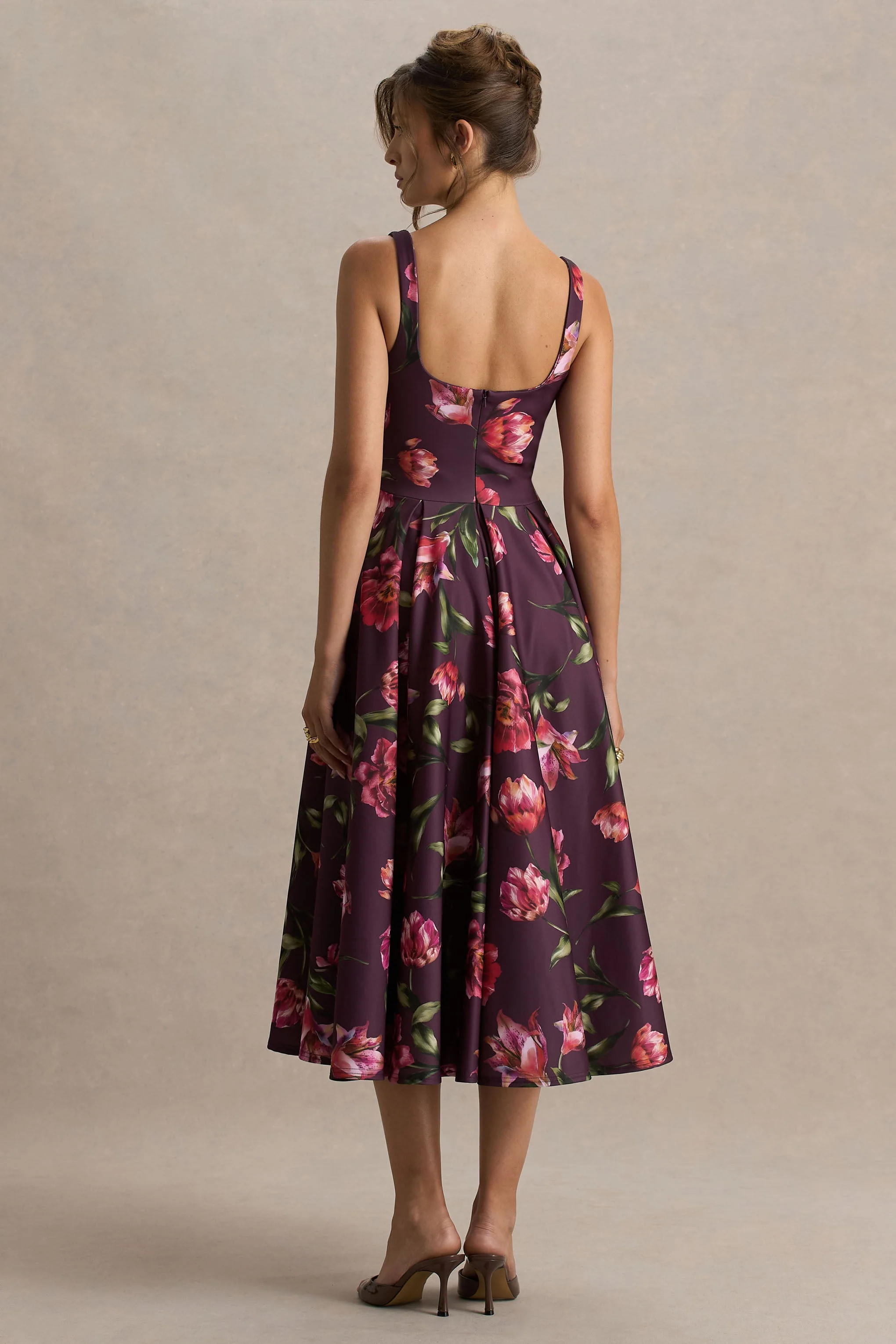 Berta | Bordeaux Bloemenprint Vierkante Hals Middi Jurk - Image 2
