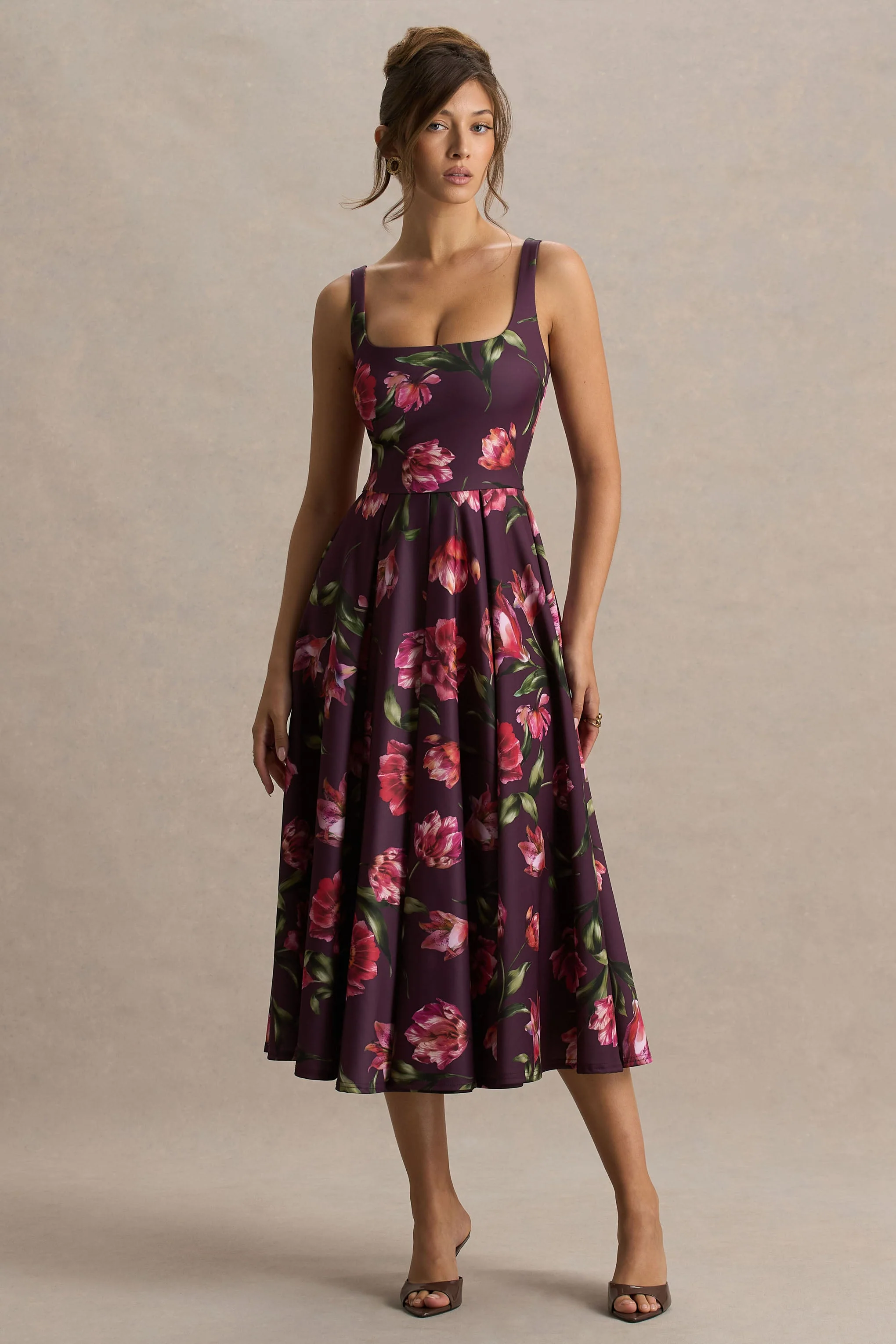 Berta | Bordeaux Bloemenprint Vierkante Hals Middi Jurk - Image 4