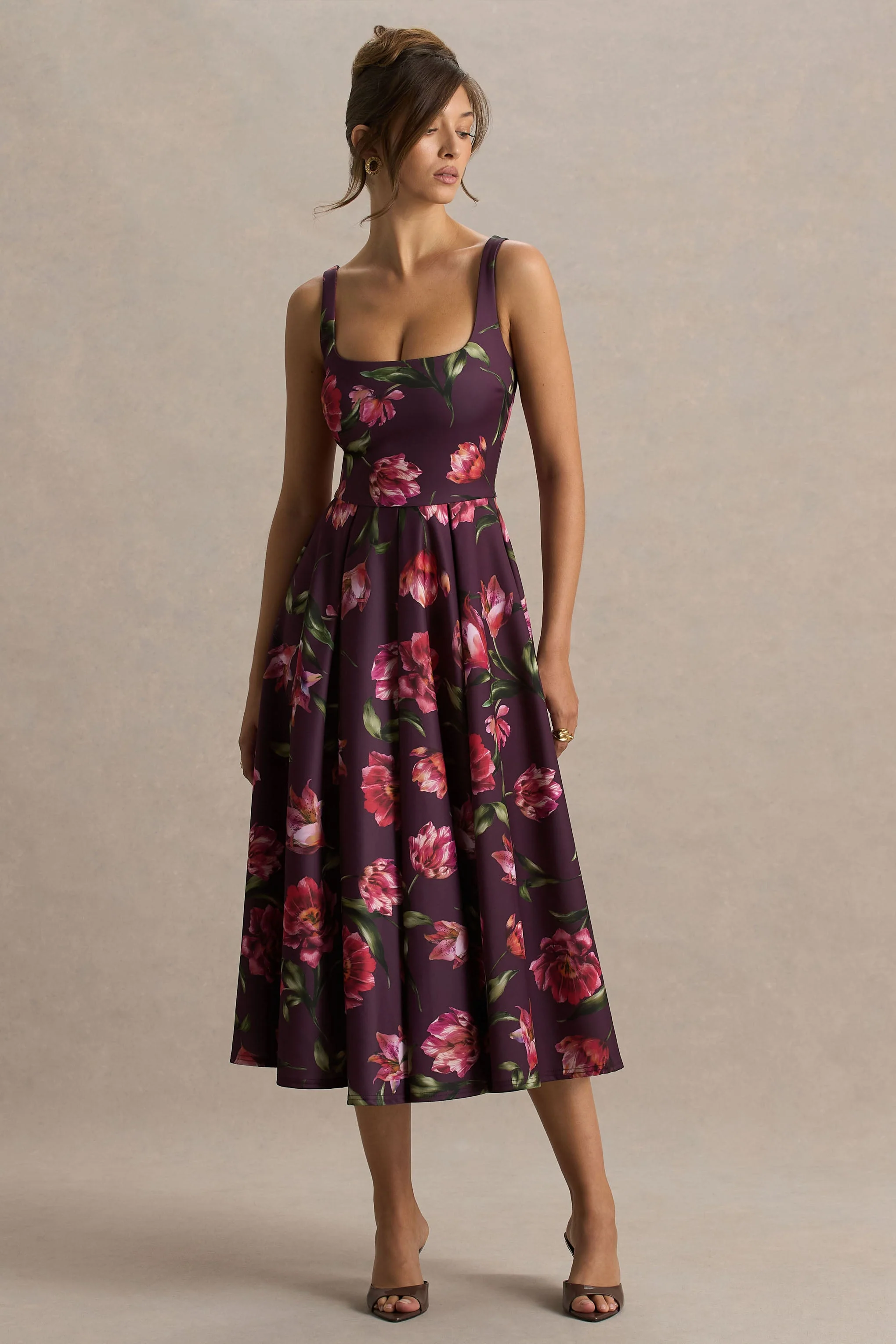 Berta | Bordeaux Bloemenprint Vierkante Hals Middi Jurk - Image 5