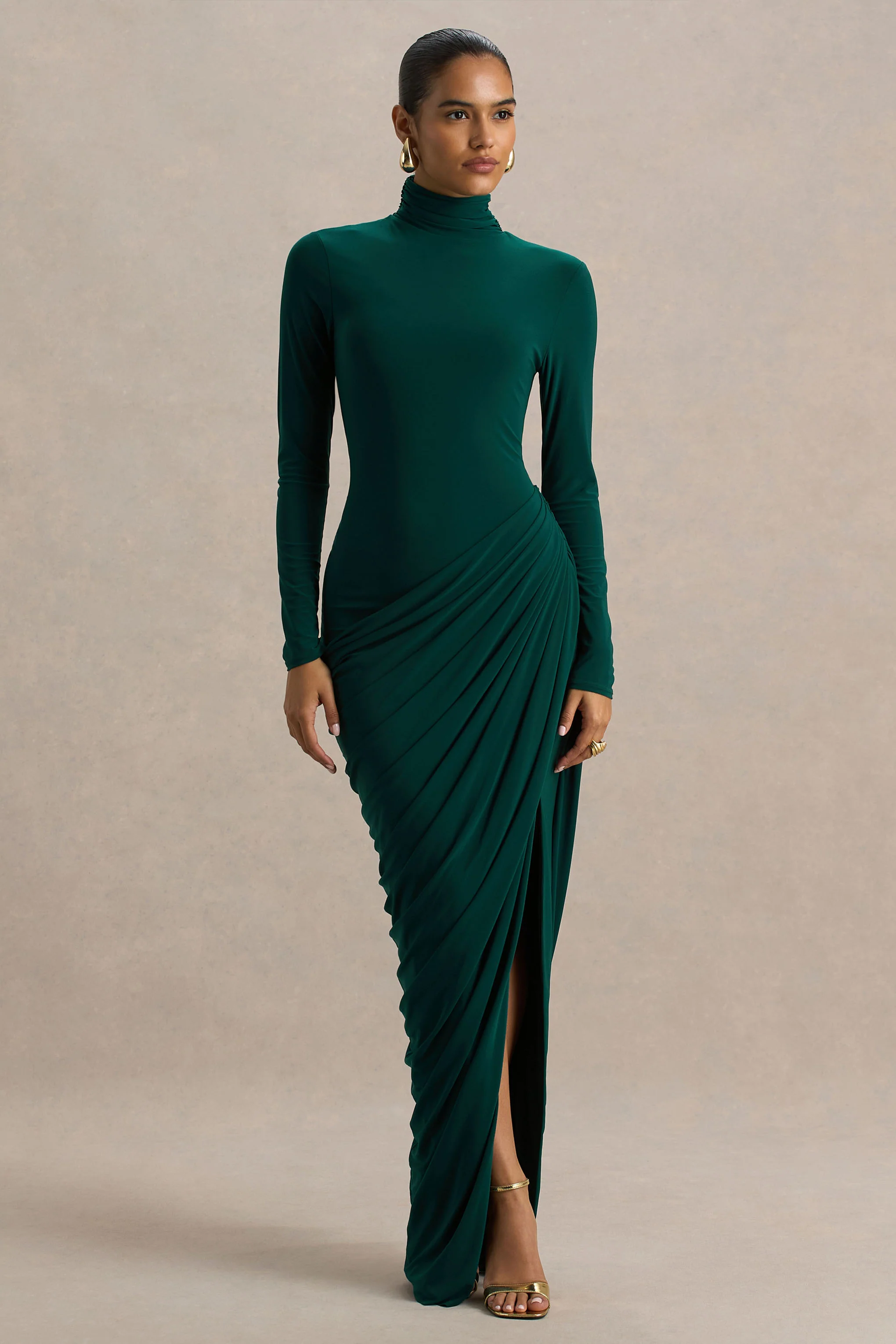 Betsy | Flessengroene Hoge Hals Maxi Jurk Met Voorsplit En Gerimpeld Detail - Image 3