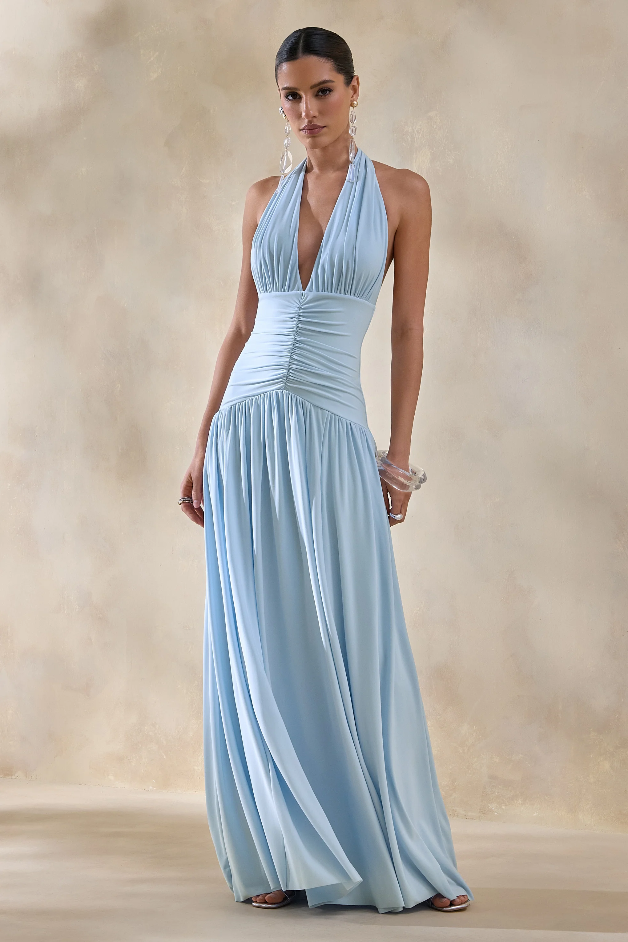Bettina | Poederblauwe Diepe V-Hals Maxi Jurk Met Gerimpelde Details