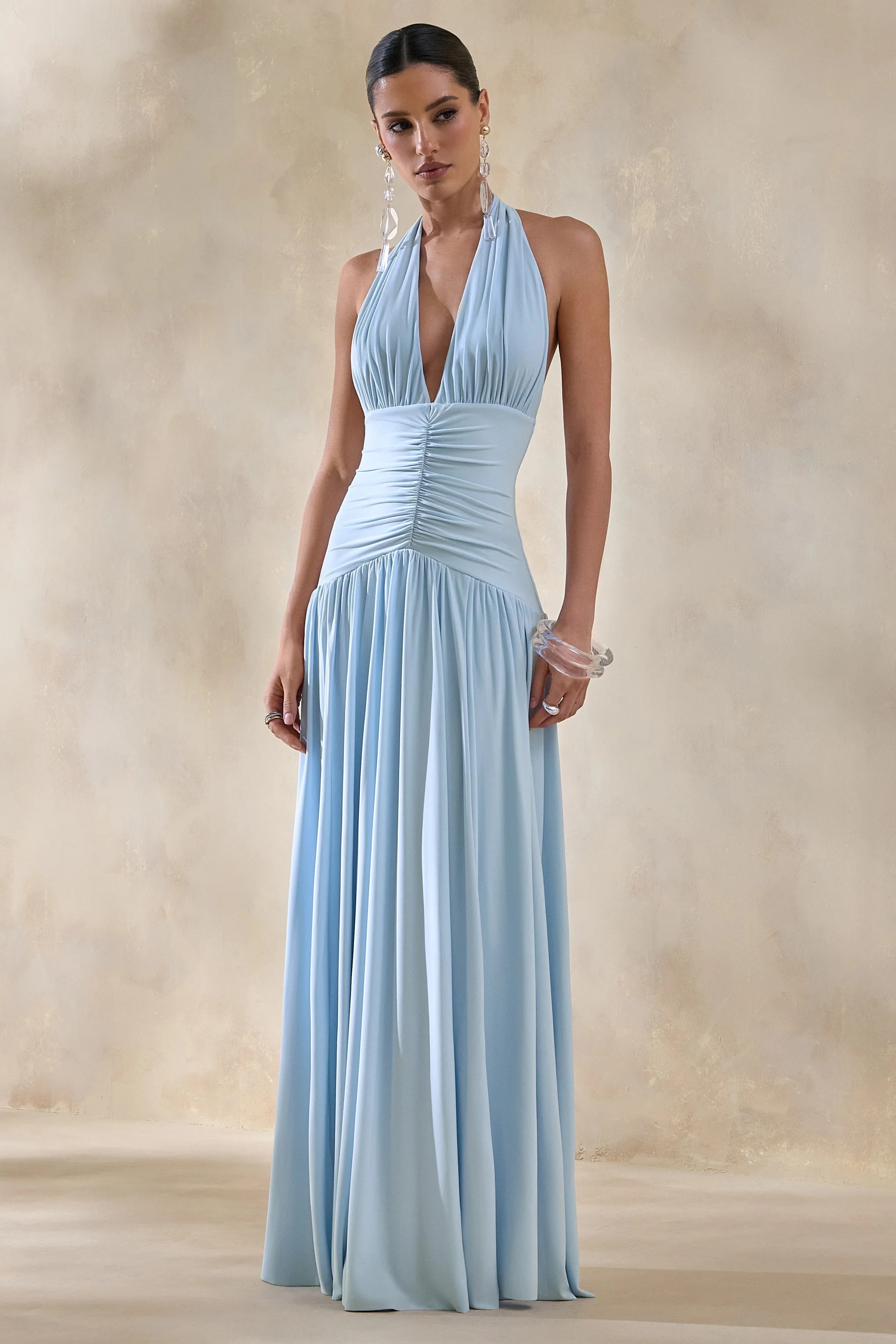 Bettina | Poederblauwe Diepe V-Hals Maxi Jurk Met Gerimpelde Details - Image 3